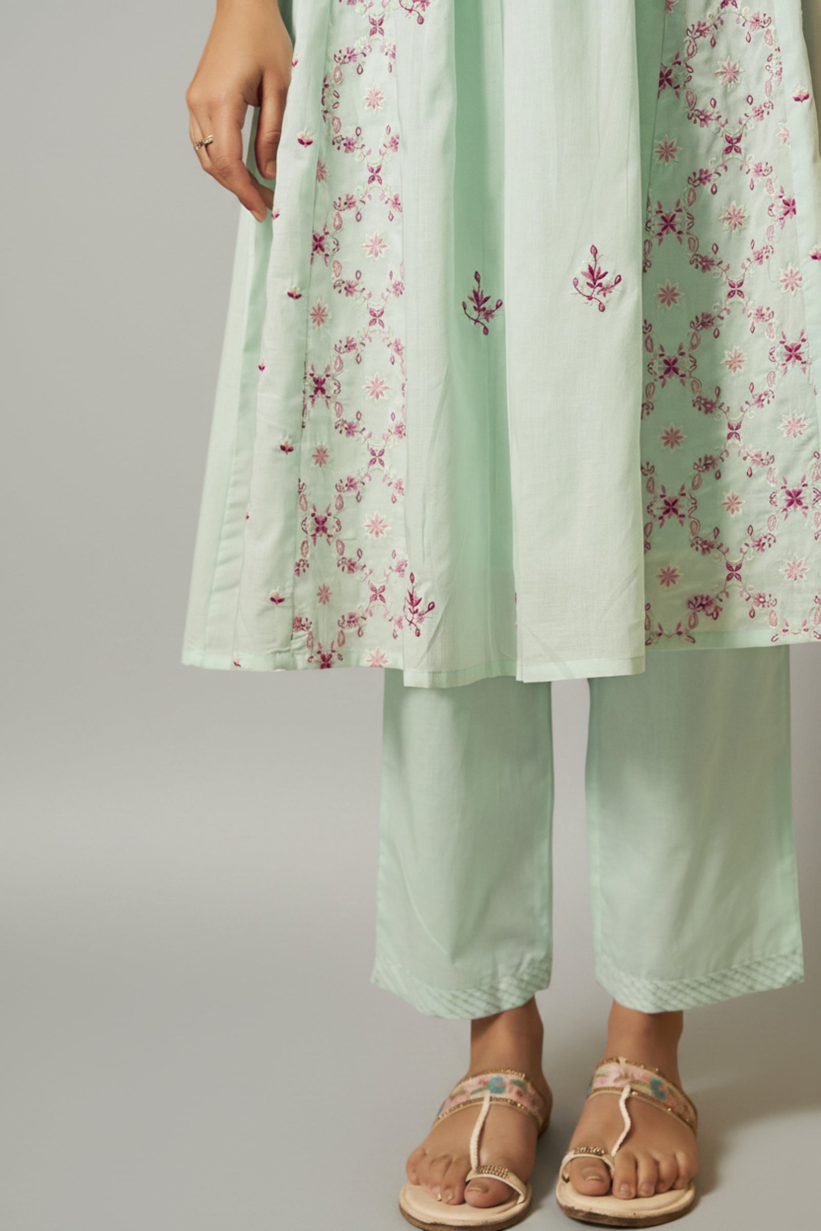Ice Green A-Line Pure Cotton Embroidery Kurta Set