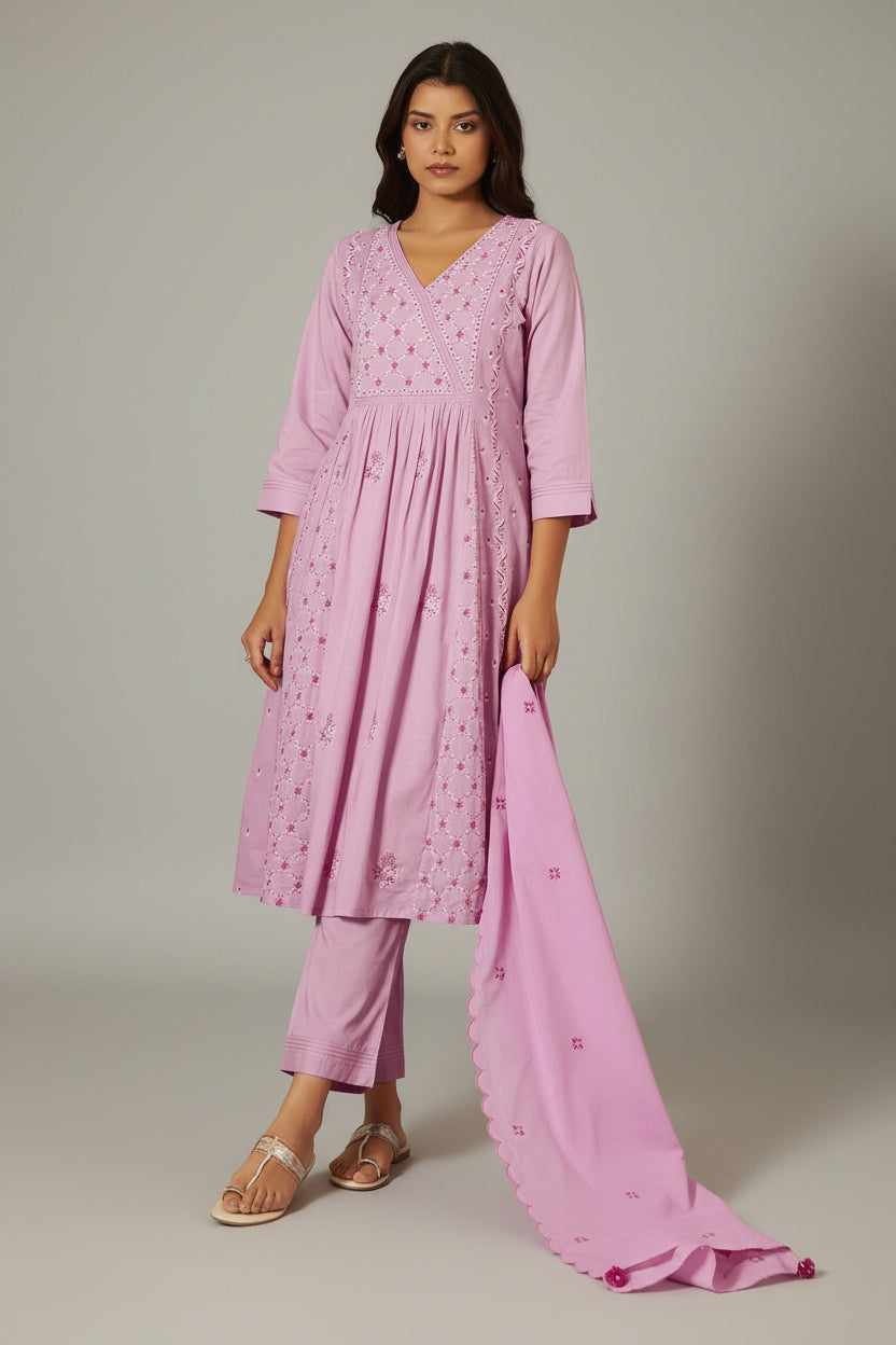 Lavender Pink A-Line Pure Cotton Embroidery Kurta Set