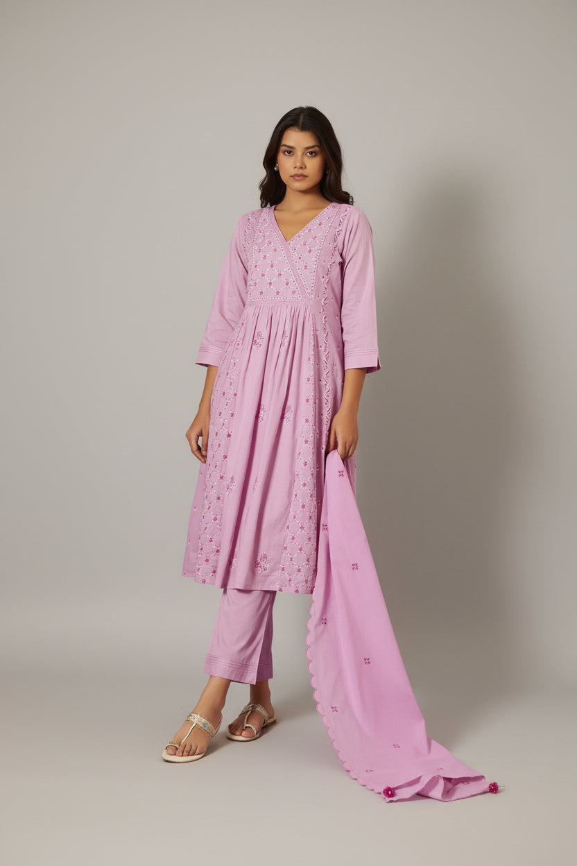 Lavender Pink A-Line Pure Cotton Embroidery Kurta Set