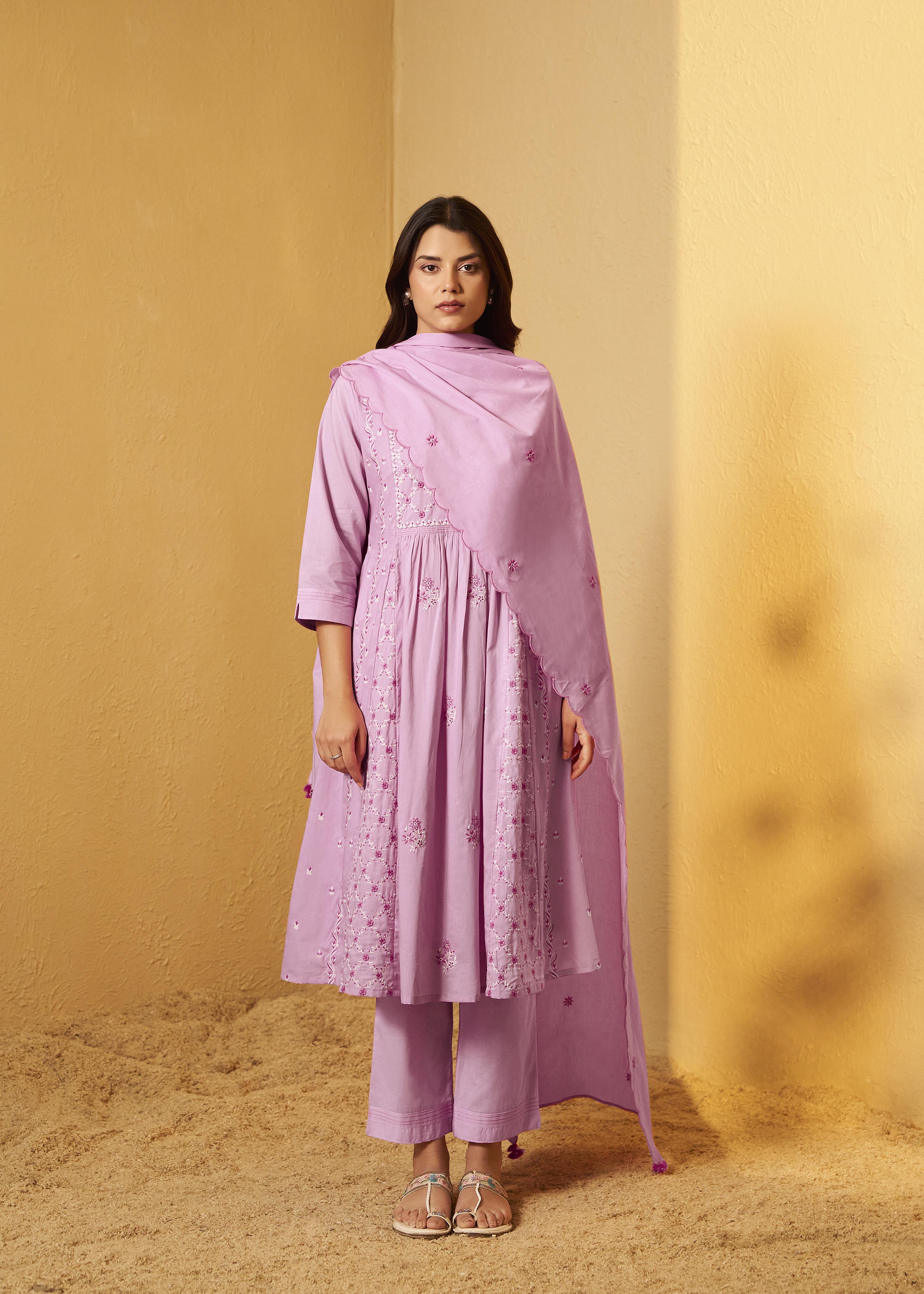 Lavender Pink A-Line Pure Cotton Embroidery Kurta Set