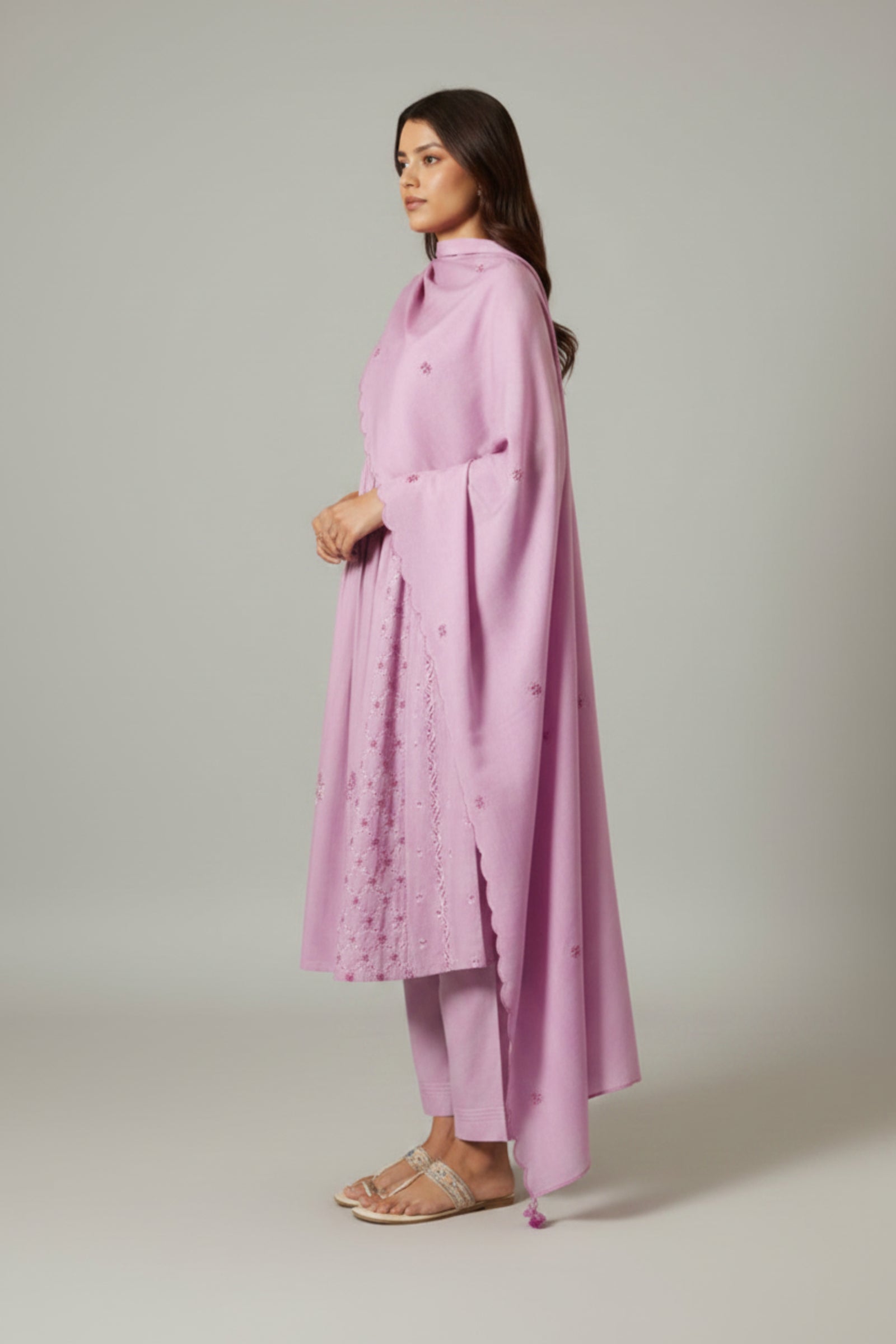 Lavender Pink A-Line Pure Cotton Embroidery Kurta Set