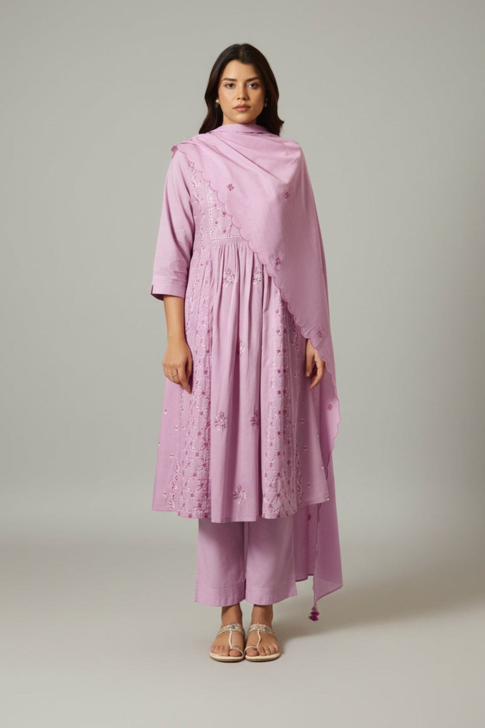 Lavender Pink A-Line Pure Cotton Embroidery Kurta Set