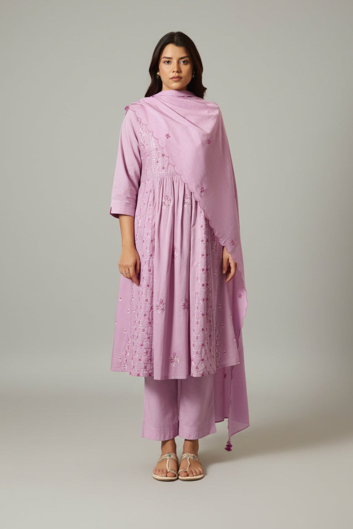 Lavender Pink A-Line Pure Cotton Embroidery Kurta Set