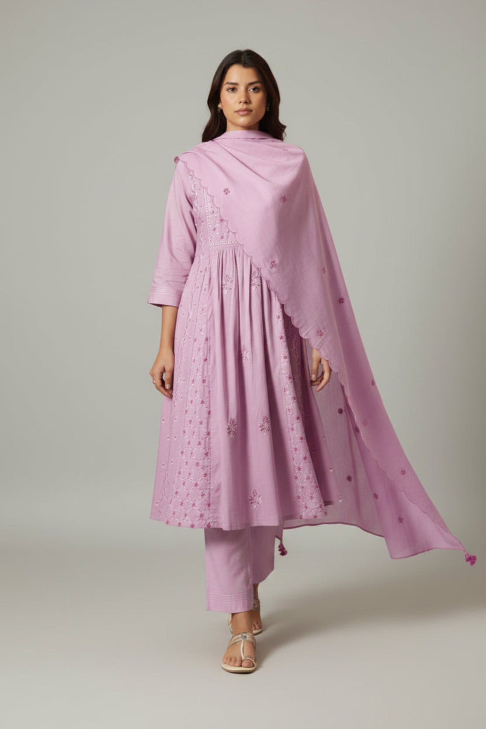 Lavender Pink A-Line Pure Cotton Embroidery Kurta Set