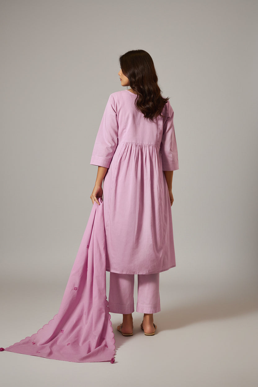 Lavender Pink A-Line Pure Cotton Embroidery Kurta Set