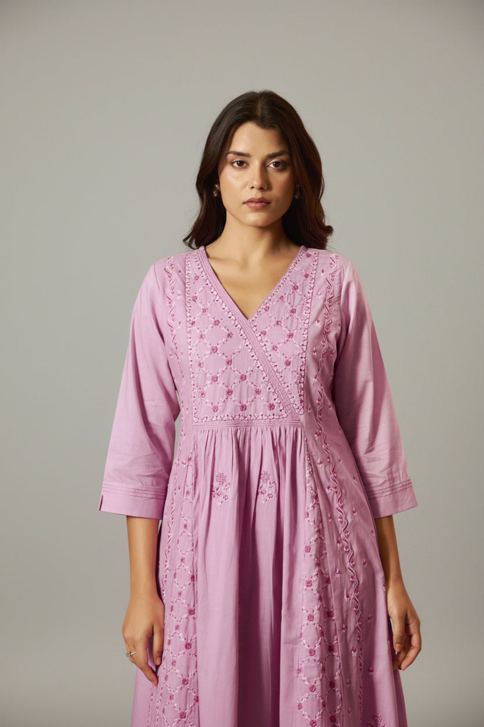Lavender Pink A-Line Pure Cotton Embroidery Kurta Set