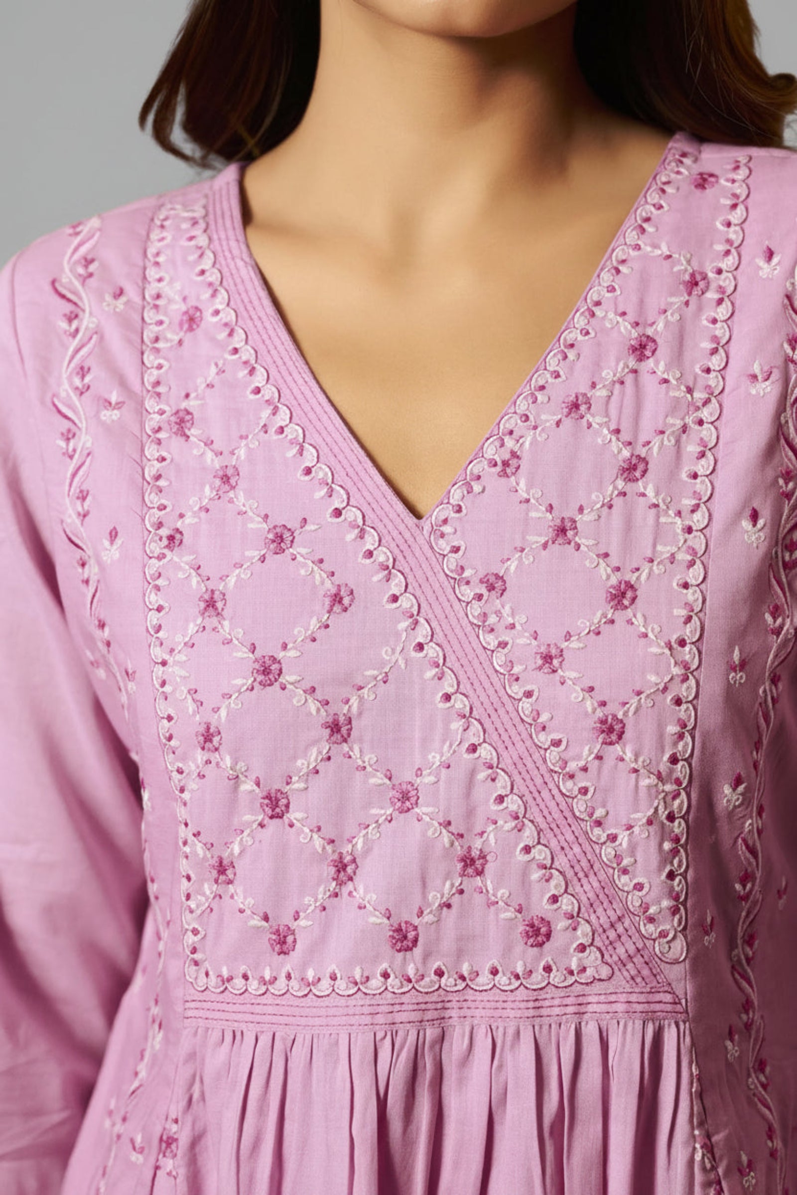 Lavender Pink A-Line Pure Cotton Embroidery Kurta Set