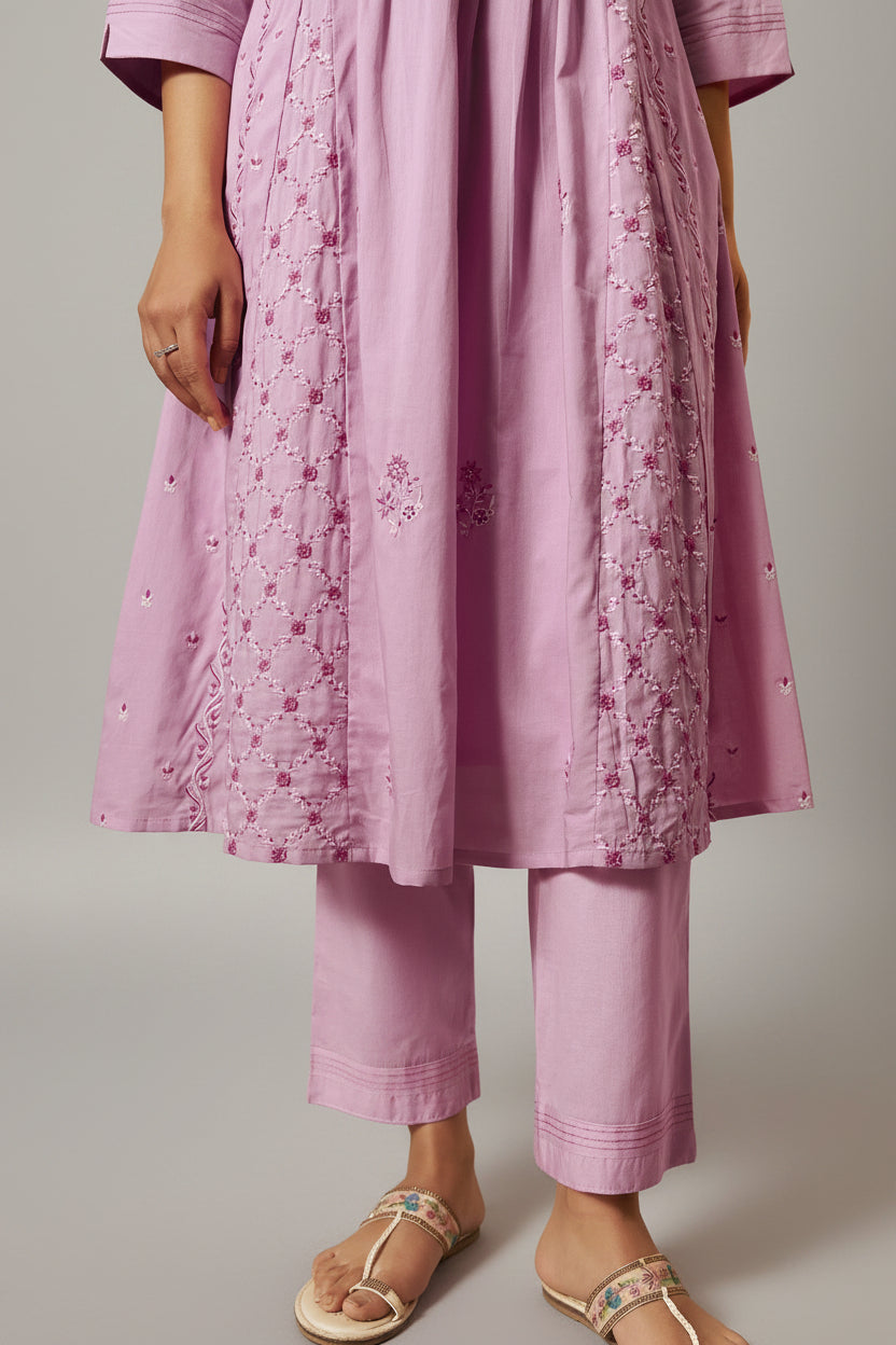 Lavender Pink A-Line Pure Cotton Embroidery Kurta Set