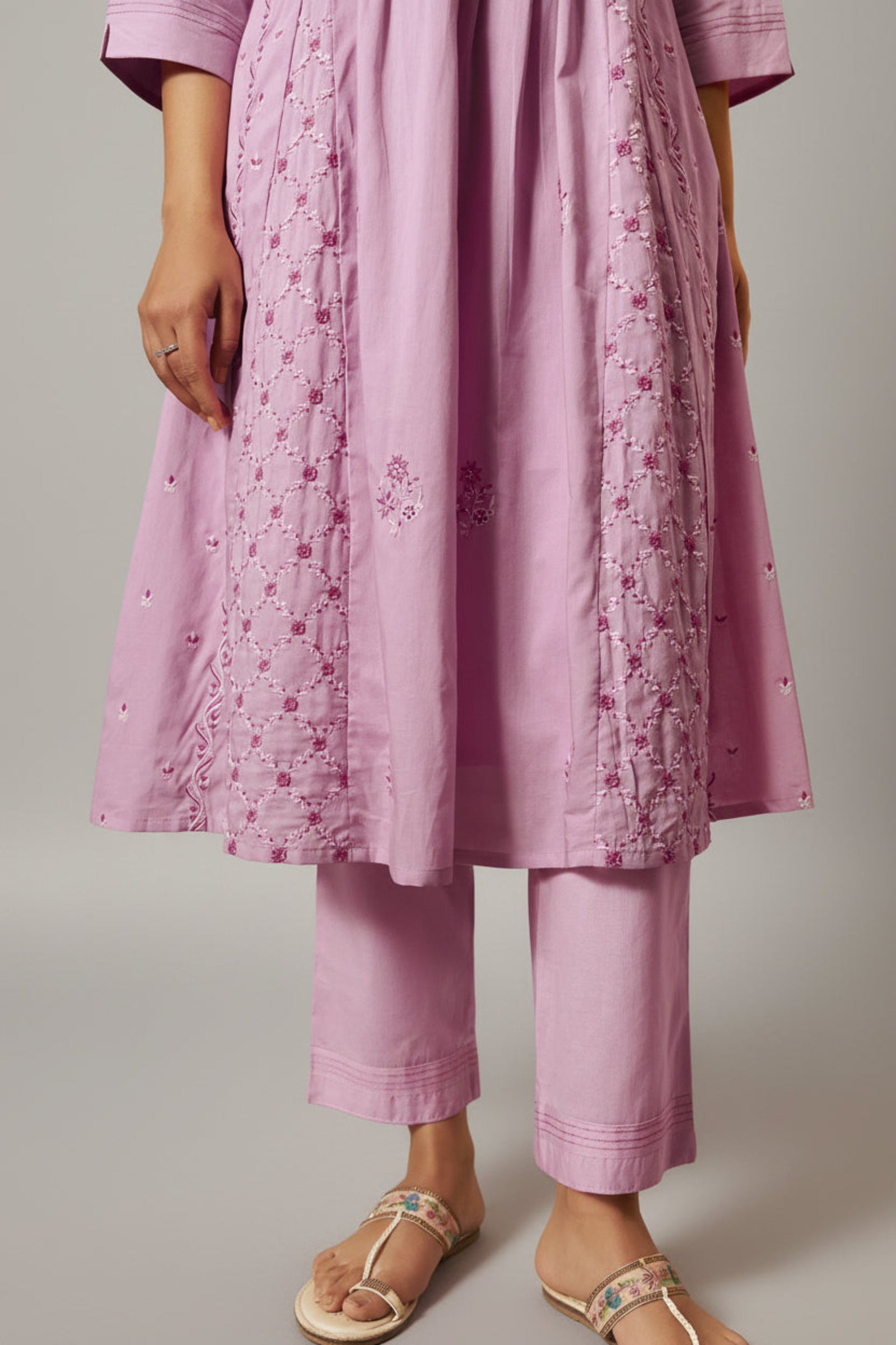 Lavender Pink A-Line Pure Cotton Embroidery Kurta Set