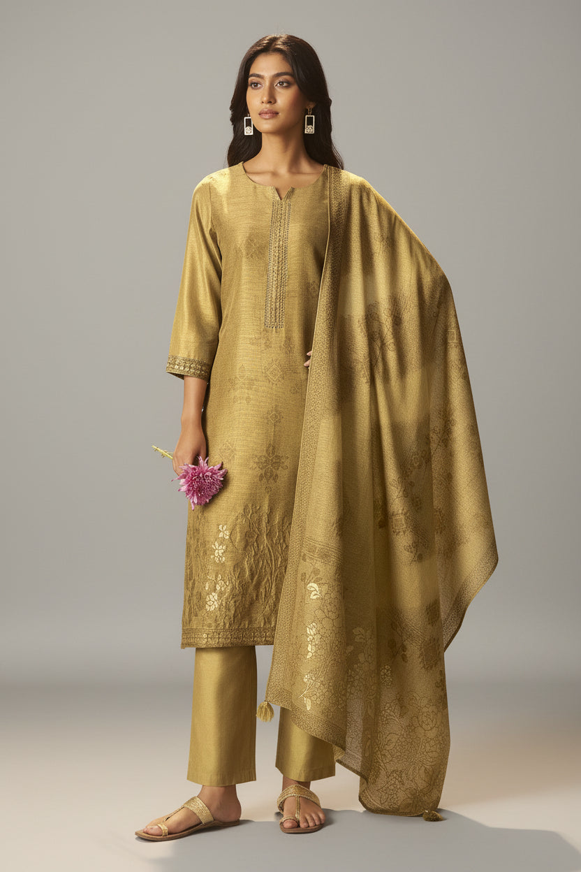 Golden Mustard Chanderi Jacquard Kurta Set