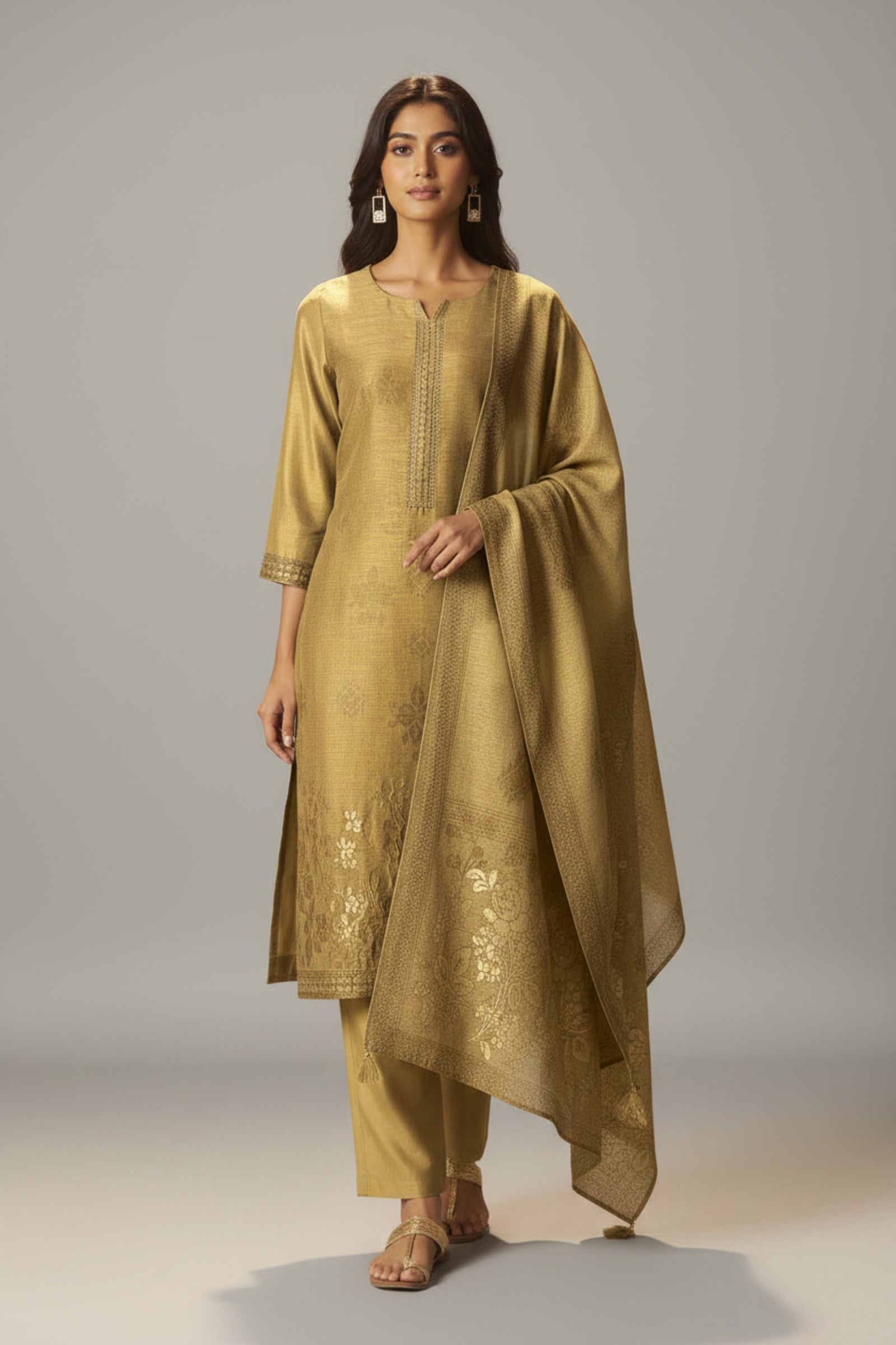 Golden Mustard Chanderi Jacquard Kurta Set
