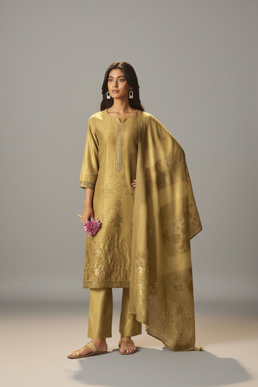 Golden Mustard Chanderi Jacquard Kurta Set