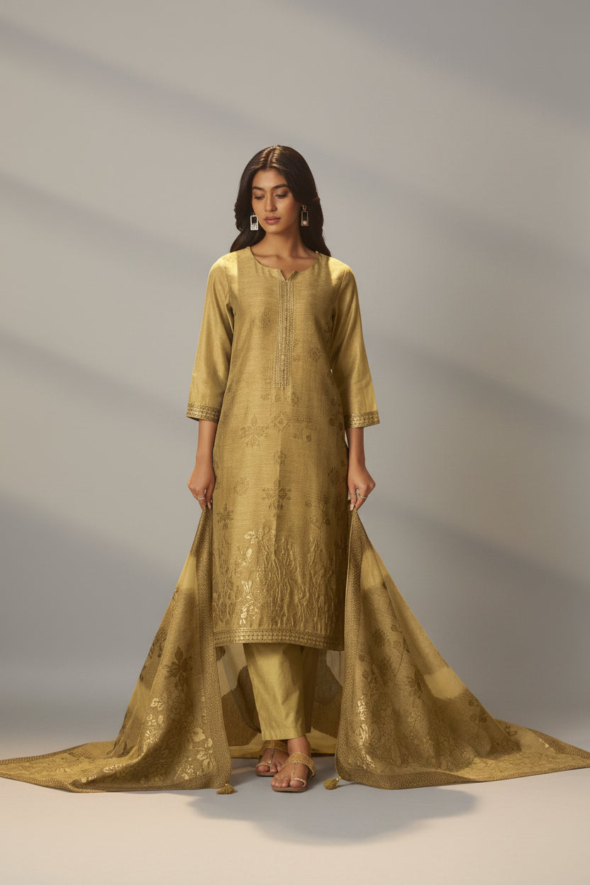 Golden Mustard Chanderi Jacquard Kurta Set