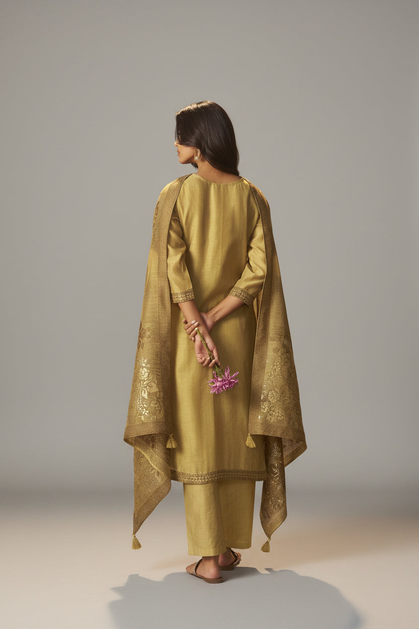Golden Mustard Chanderi Jacquard Kurta Set