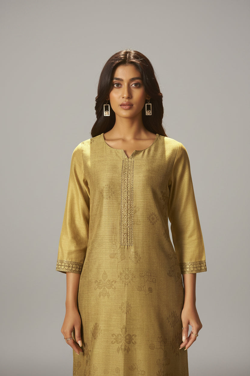 Golden Mustard Chanderi Jacquard Kurta Set