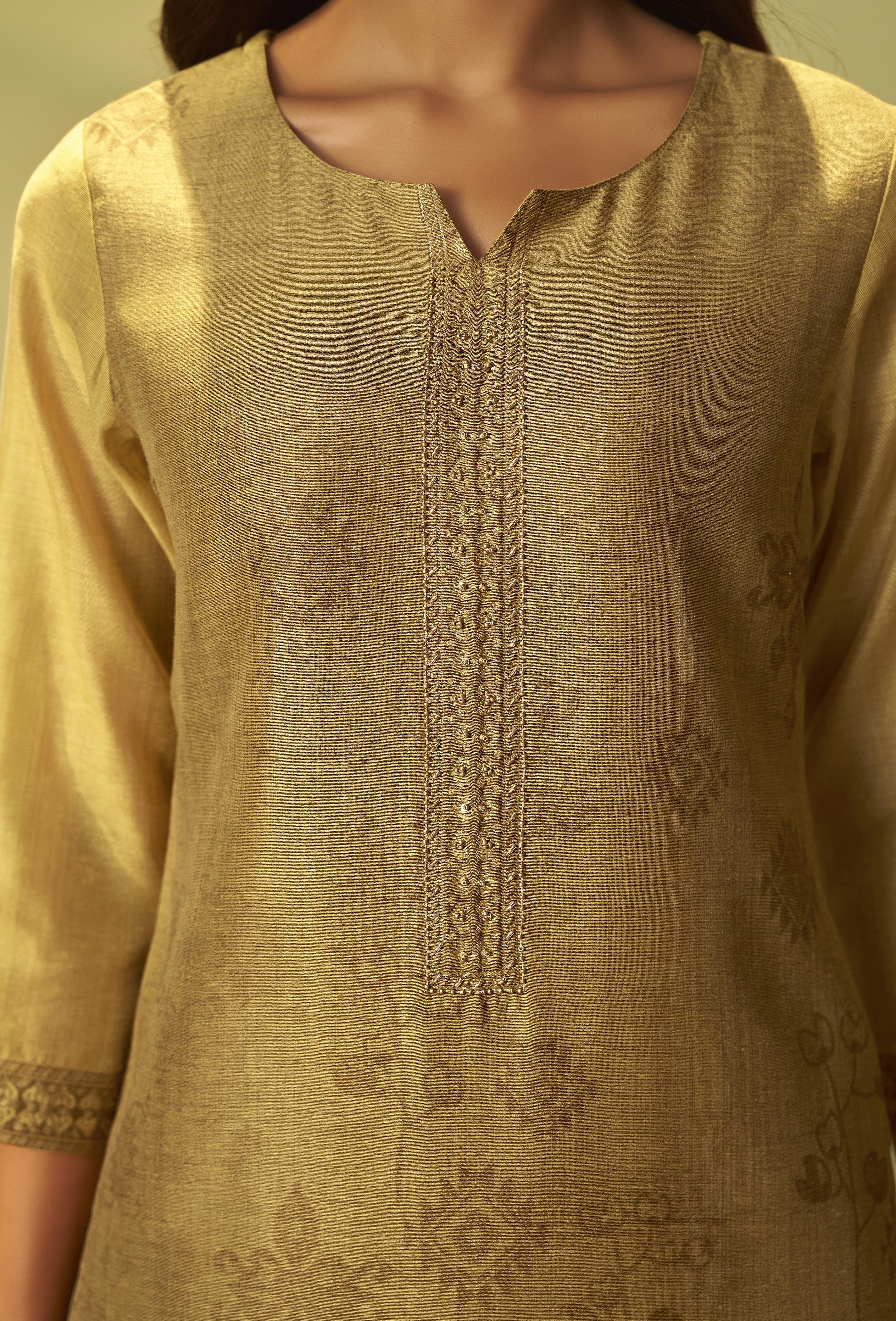 Golden Mustard Chanderi Jacquard Kurta Set