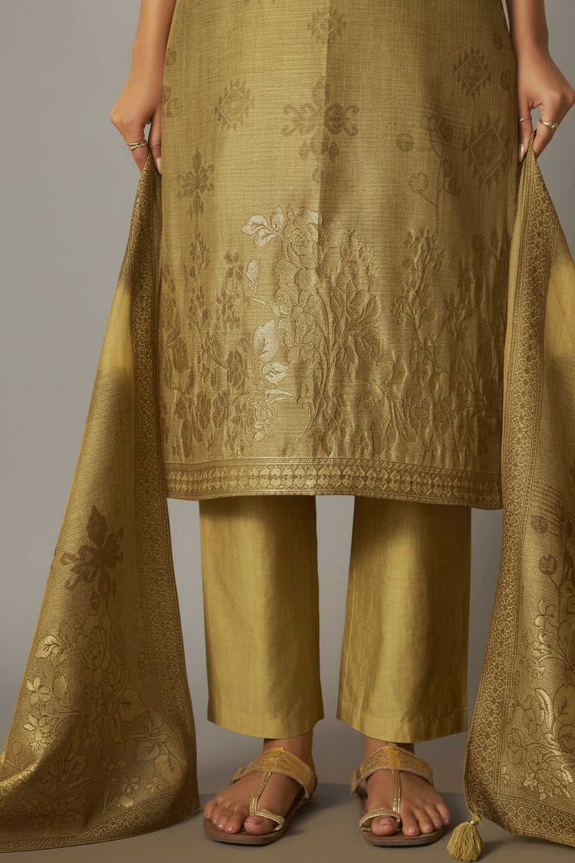 Golden Mustard Chanderi Jacquard Kurta Set