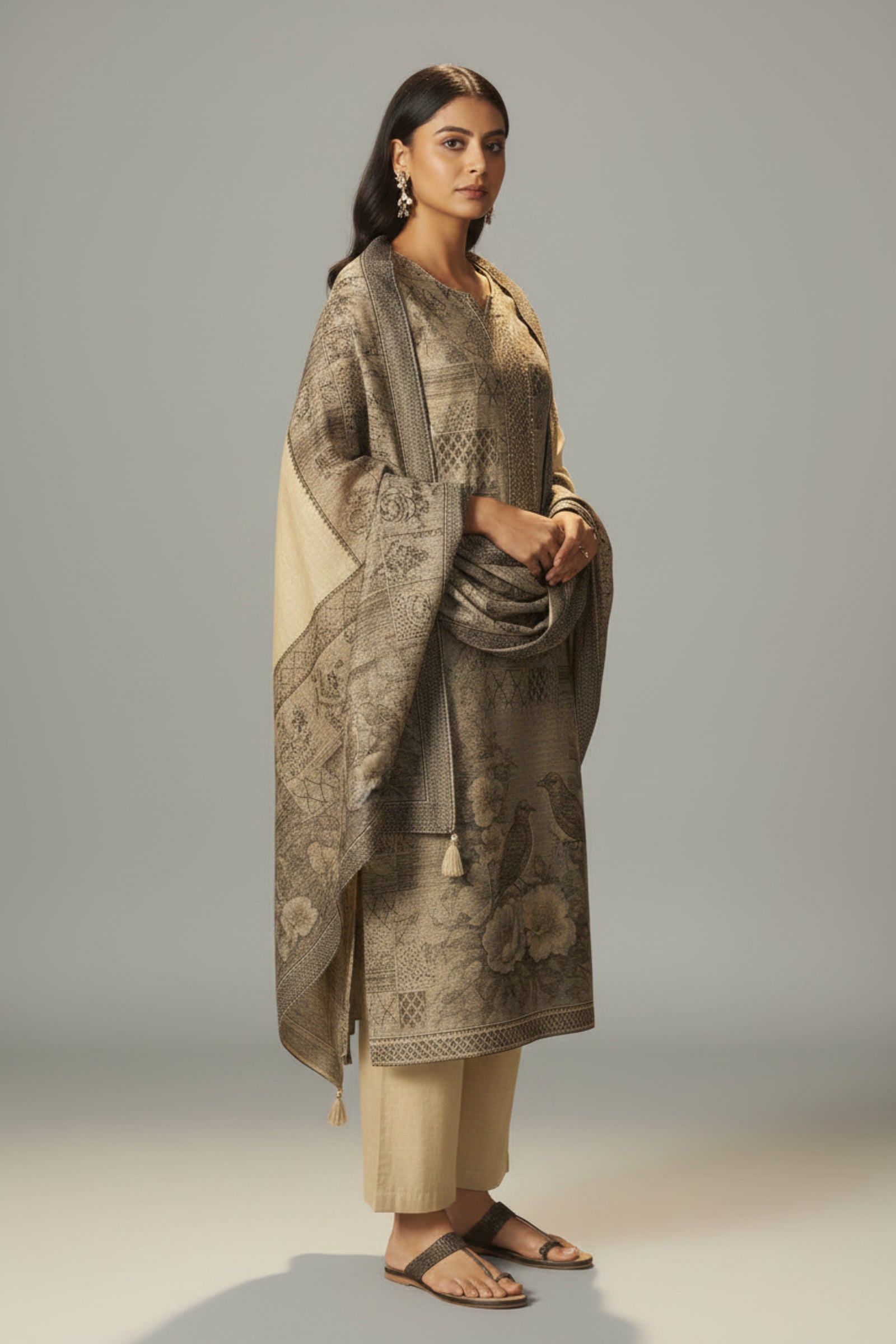 Khaki Taupe-Cream Chanderi Jacquard Kurta Set