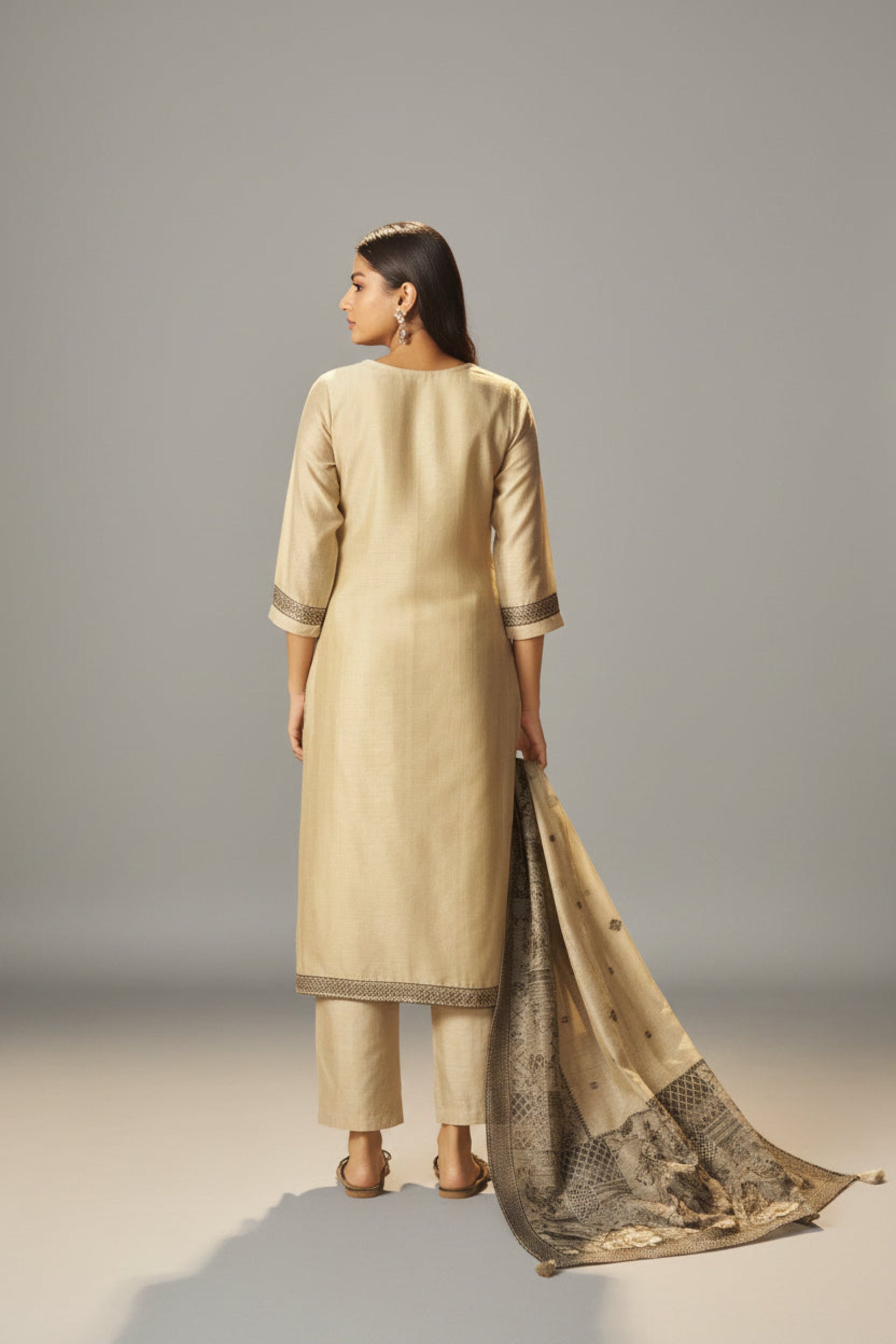 Khaki Taupe-Cream Chanderi Jacquard Kurta Set
