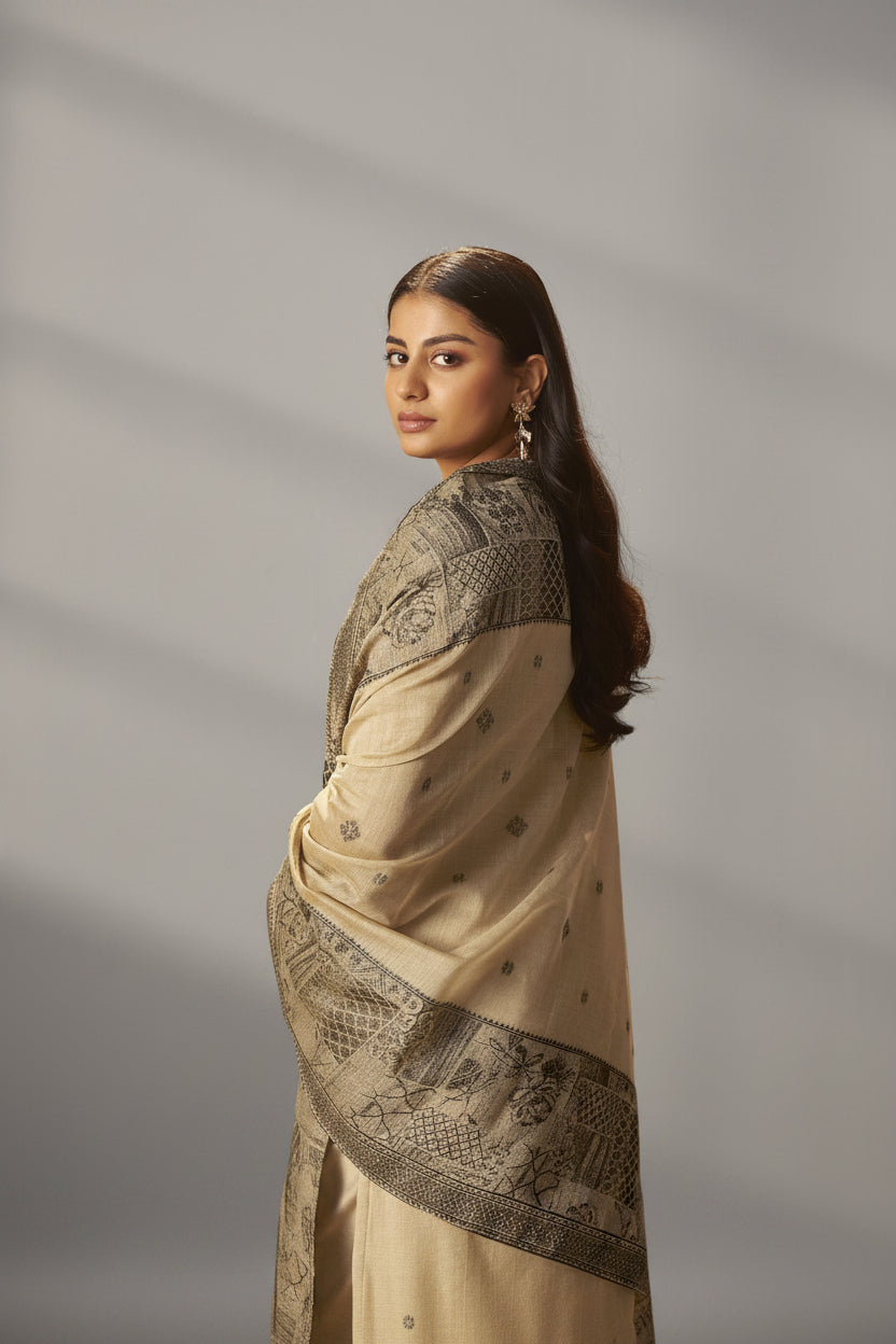 Khaki Taupe-Cream Chanderi Jacquard Kurta Set