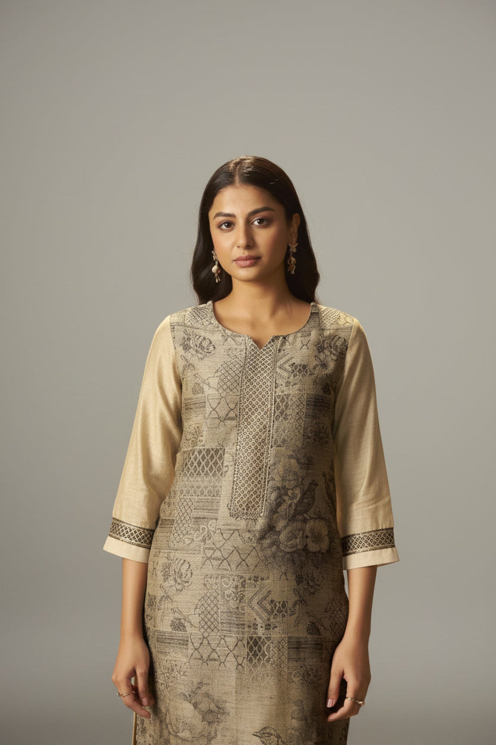 Khaki Taupe-Cream Chanderi Jacquard Kurta Set
