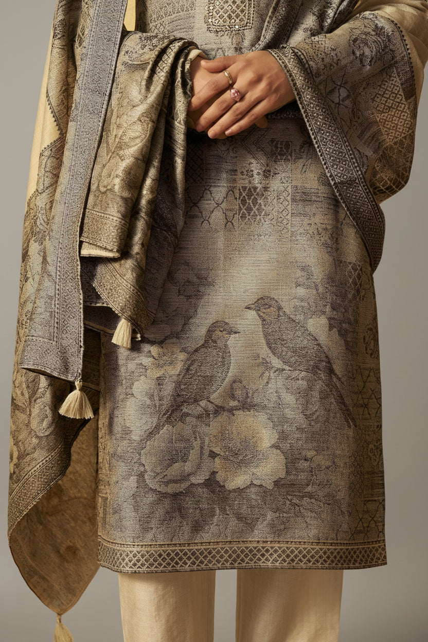 Khaki Taupe-Cream Chanderi Jacquard Kurta Set