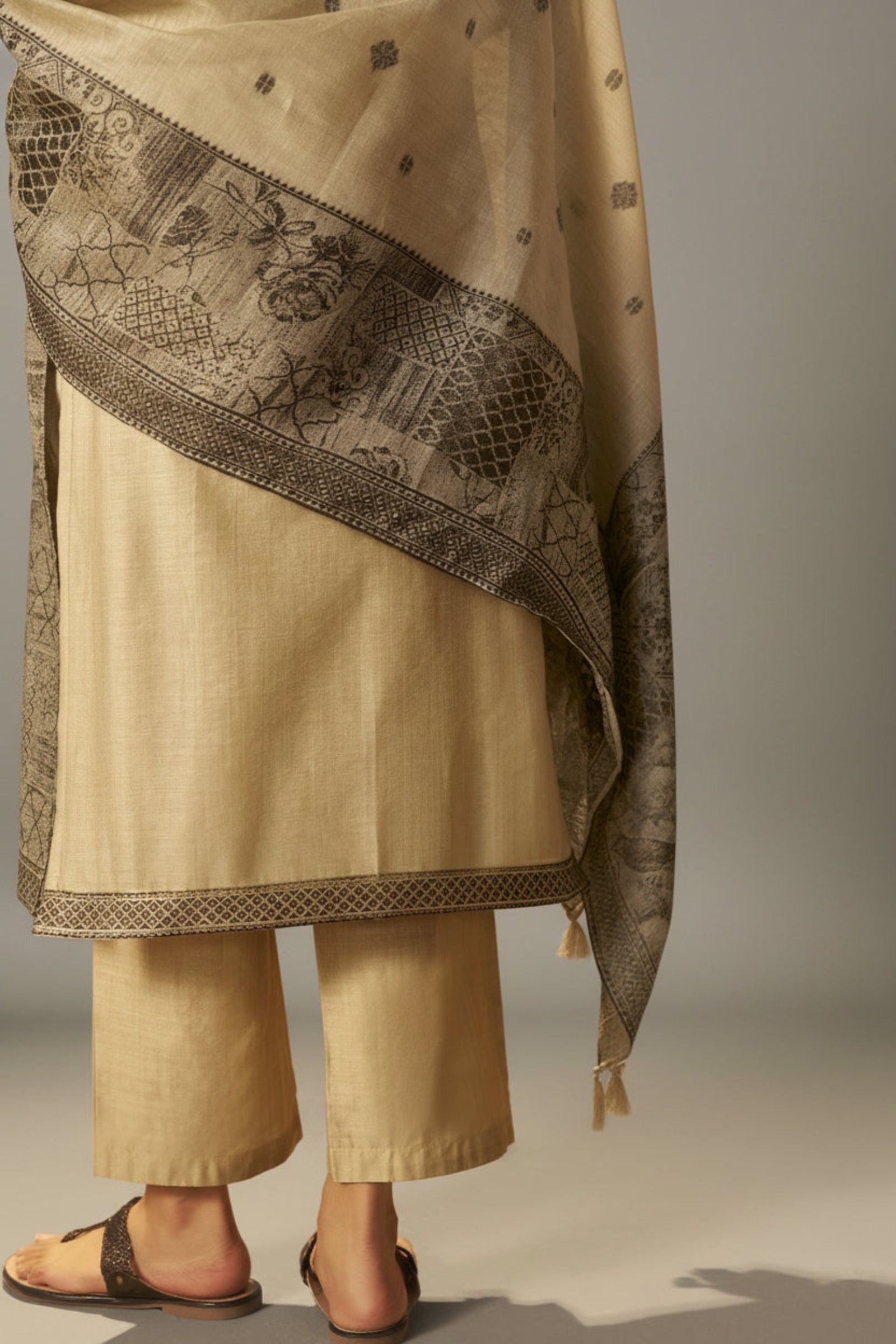 Khaki Taupe-Cream Chanderi Jacquard Kurta Set