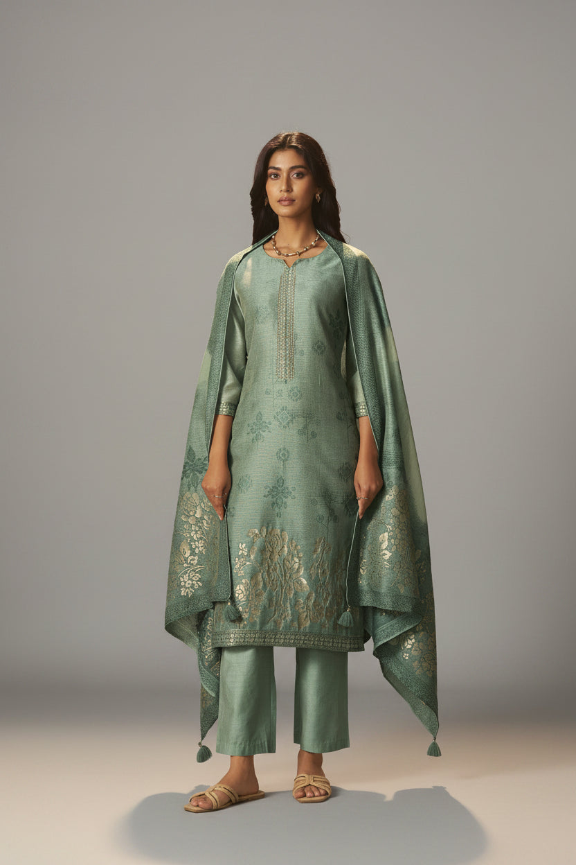 Muted Emerald Chanderi Jacquard Kurta Set