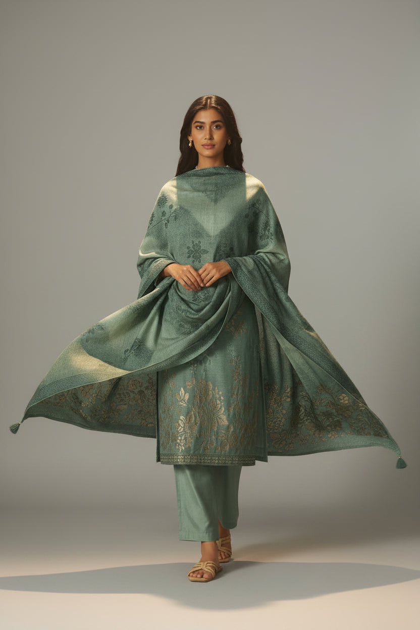 Muted Emerald Chanderi Jacquard Kurta Set