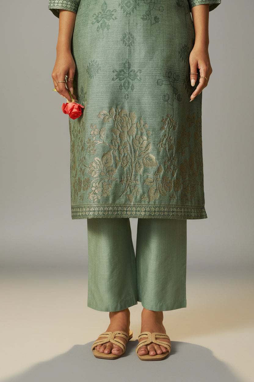 Muted Emerald Chanderi Jacquard Kurta Set
