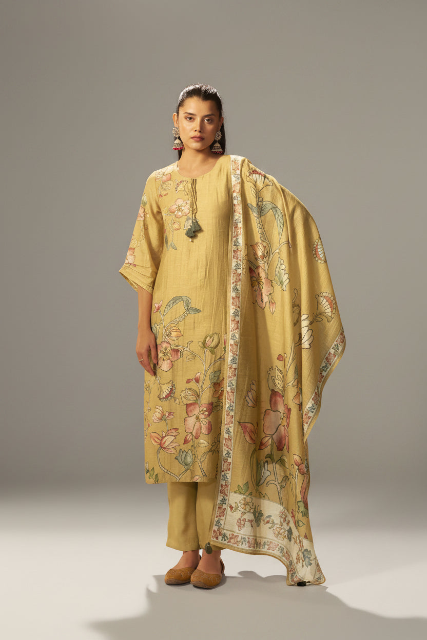Straw Yellow Shimmer Linen Digital Print Kurta Set