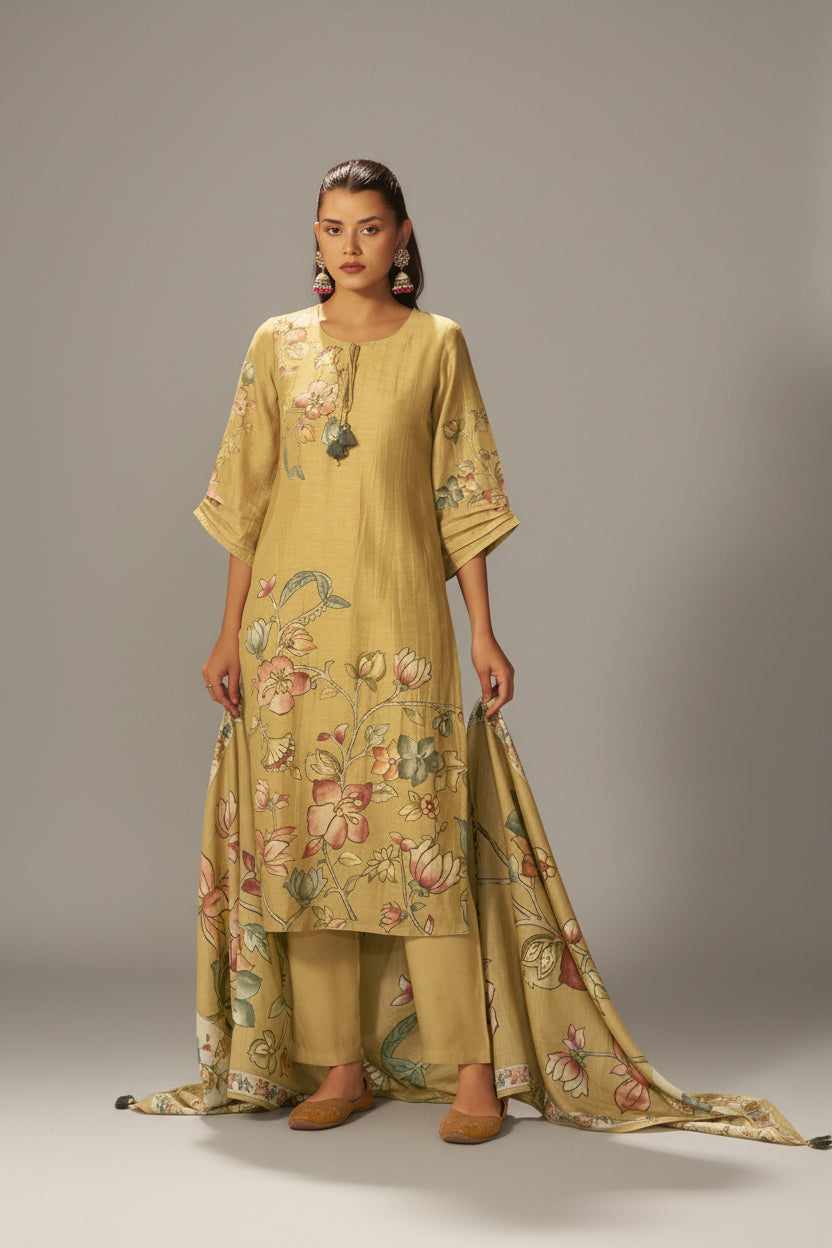 Straw Yellow Shimmer Linen Digital Print Kurta Set