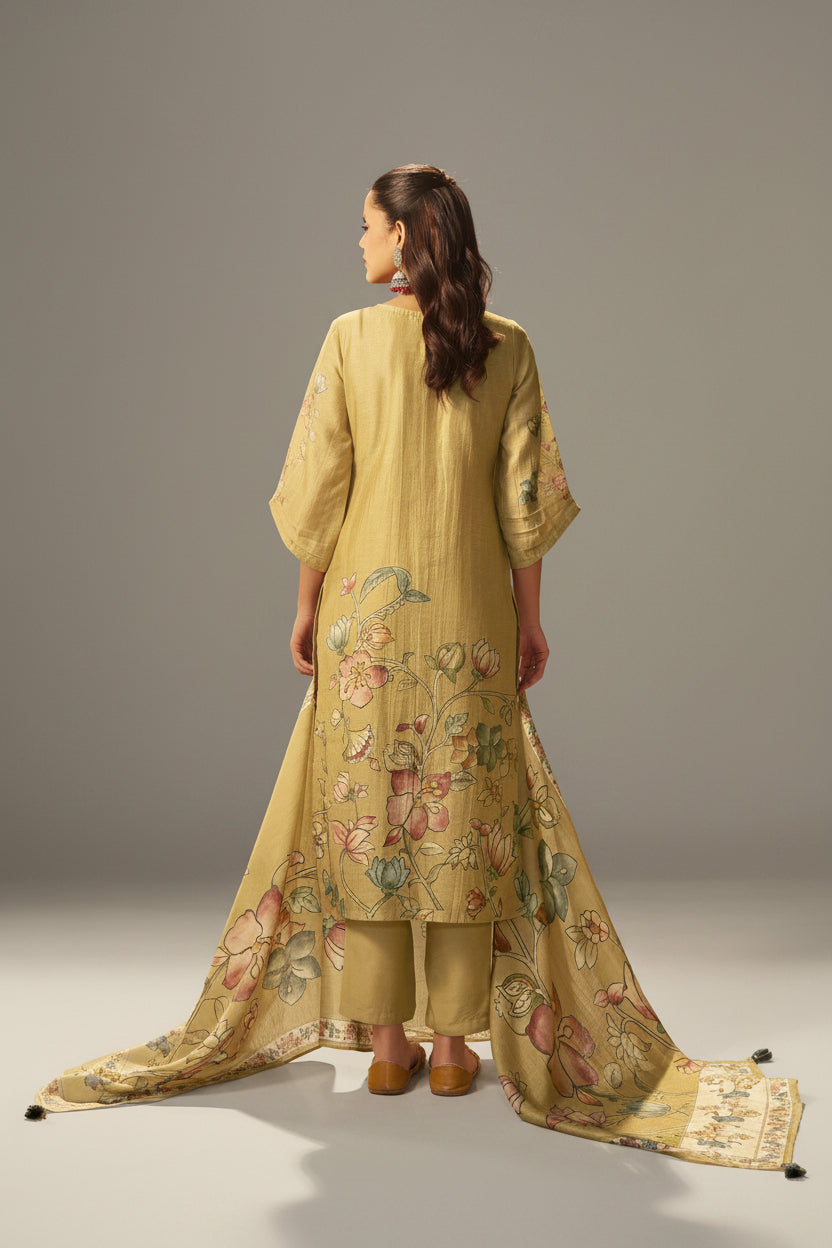 Straw Yellow Shimmer Linen Digital Print Kurta Set