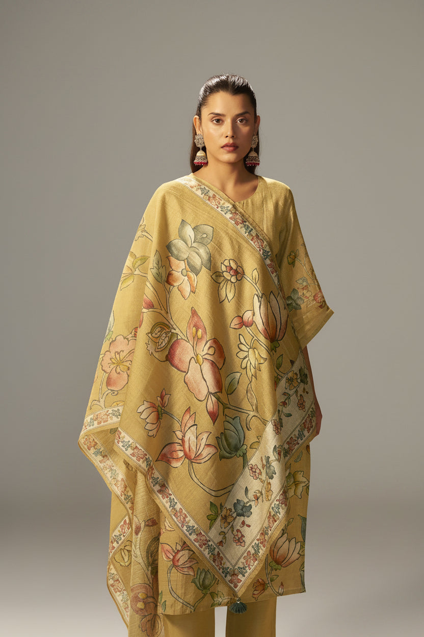 Straw Yellow Shimmer Linen Digital Print Kurta Set