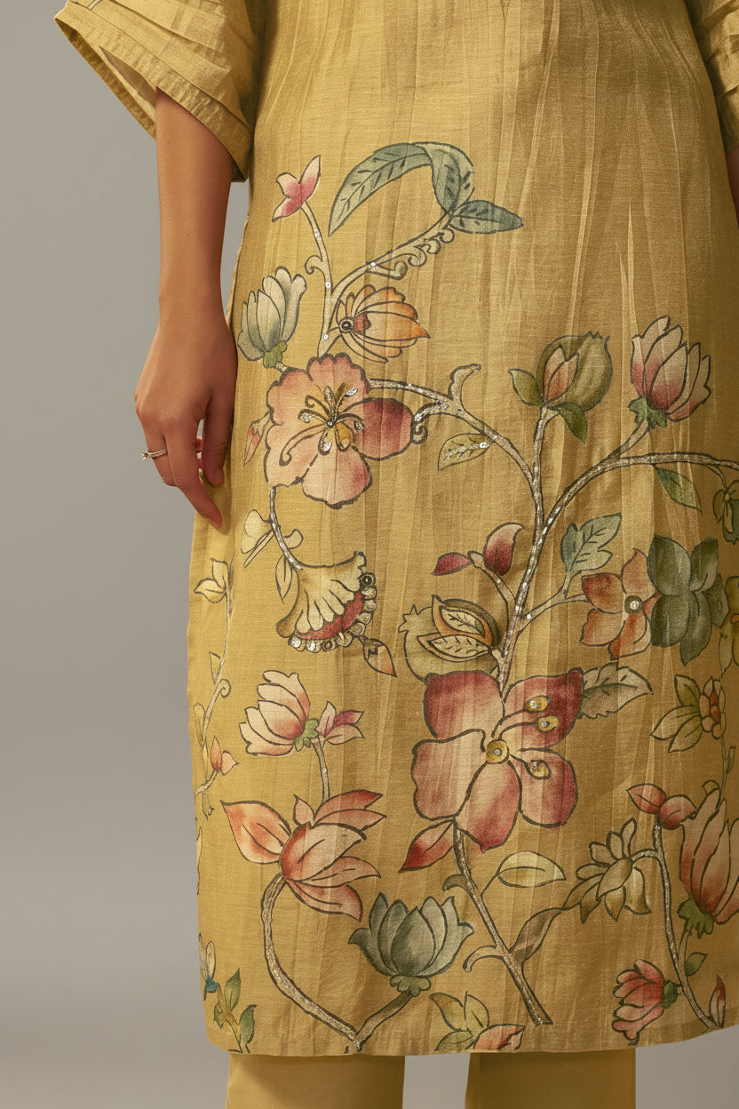 Straw Yellow Shimmer Linen Digital Print Kurta Set