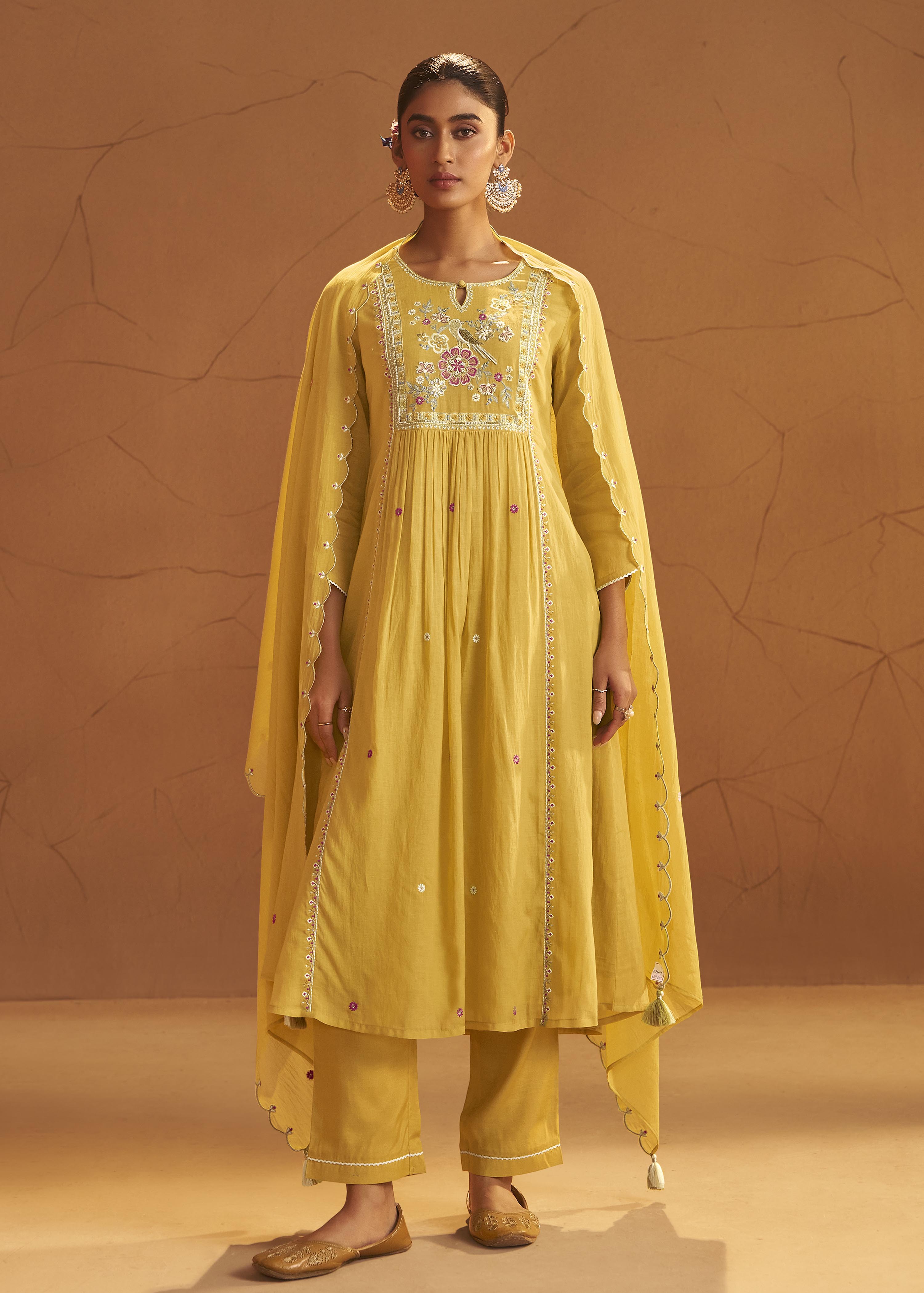 Yellow Mul Chanderi Straight Kurta Set with Embroidery & Handwork