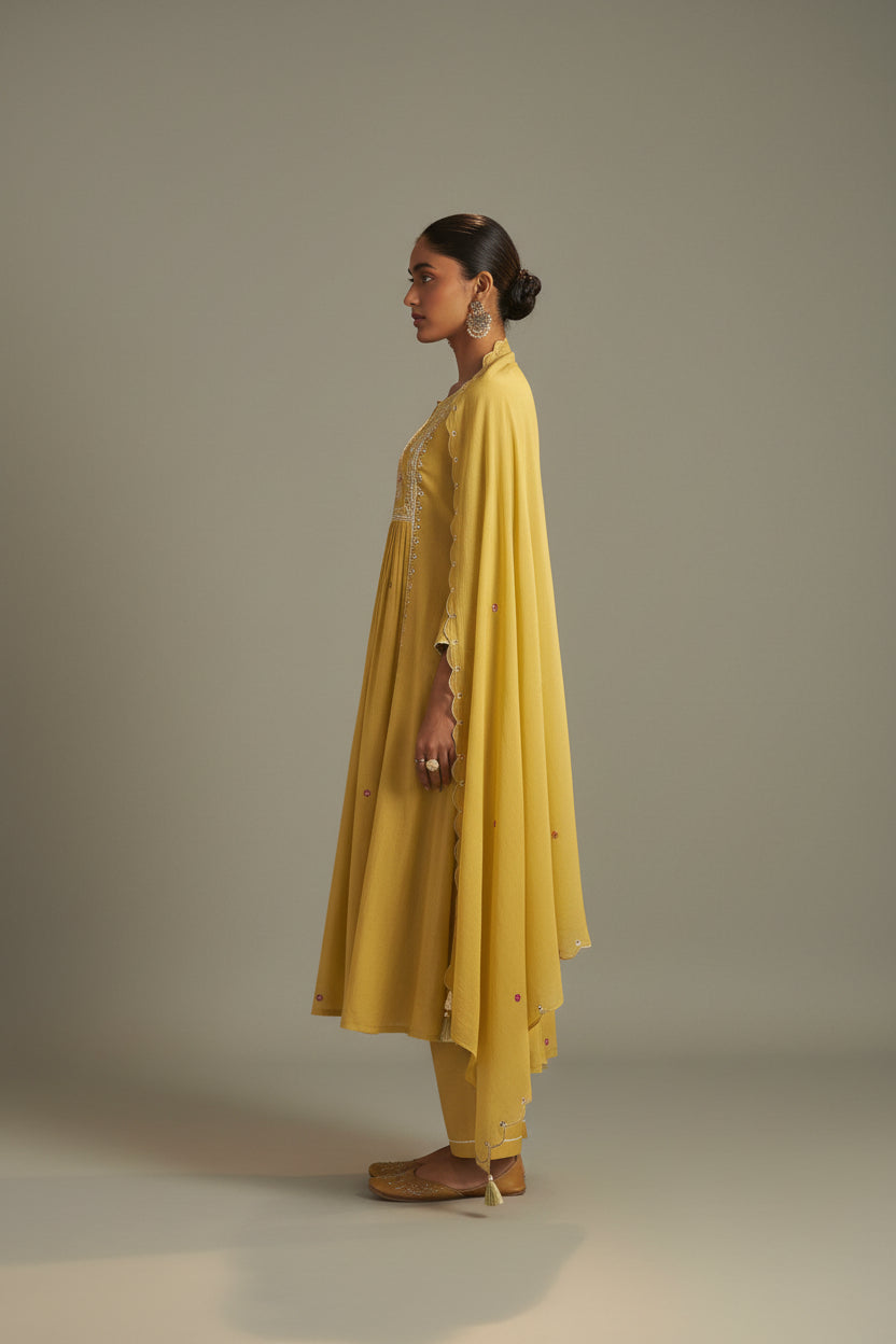 Yellow Mul Chanderi Straight Kurta Set with Embroidery & Handwork