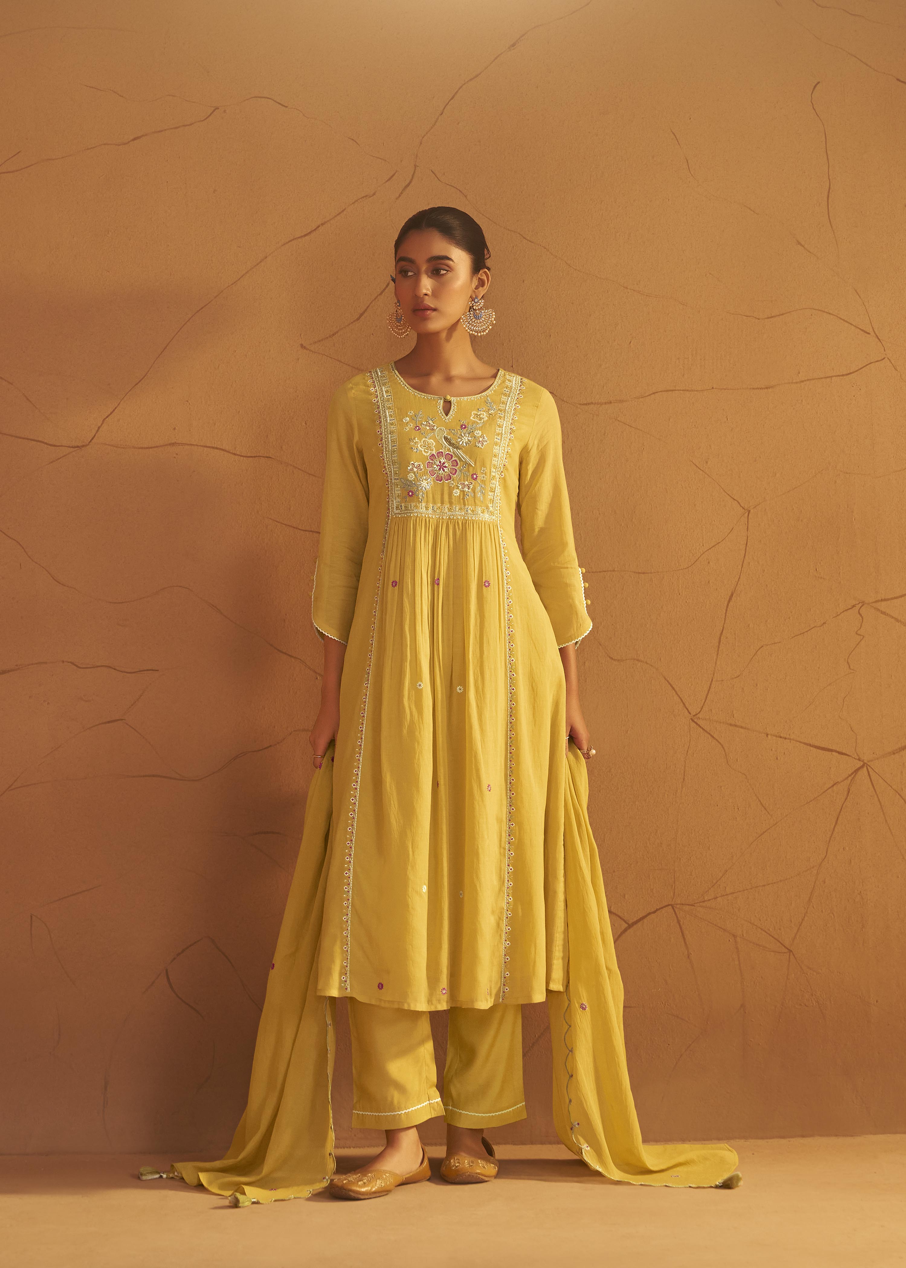 Yellow Mul Chanderi Straight Kurta Set with Embroidery & Handwork