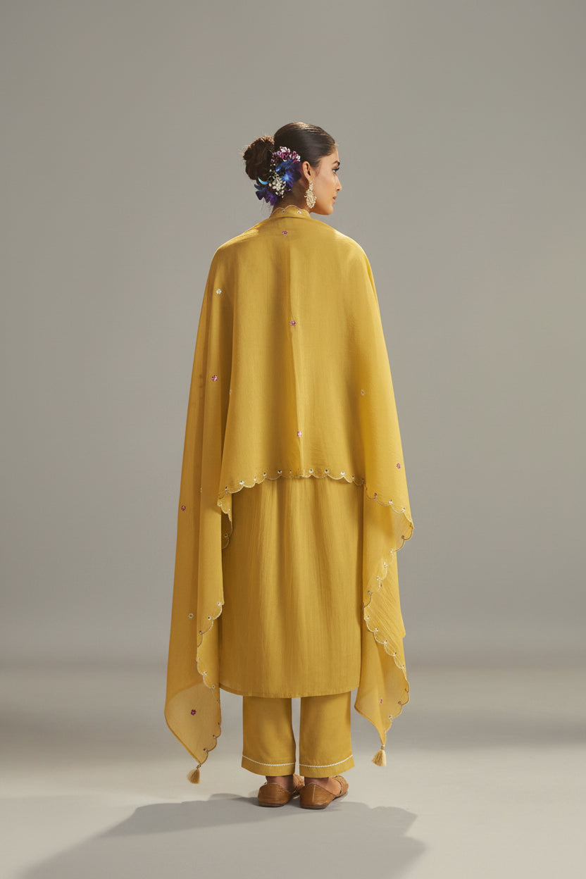 Yellow Mul Chanderi Straight Kurta Set with Embroidery & Handwork