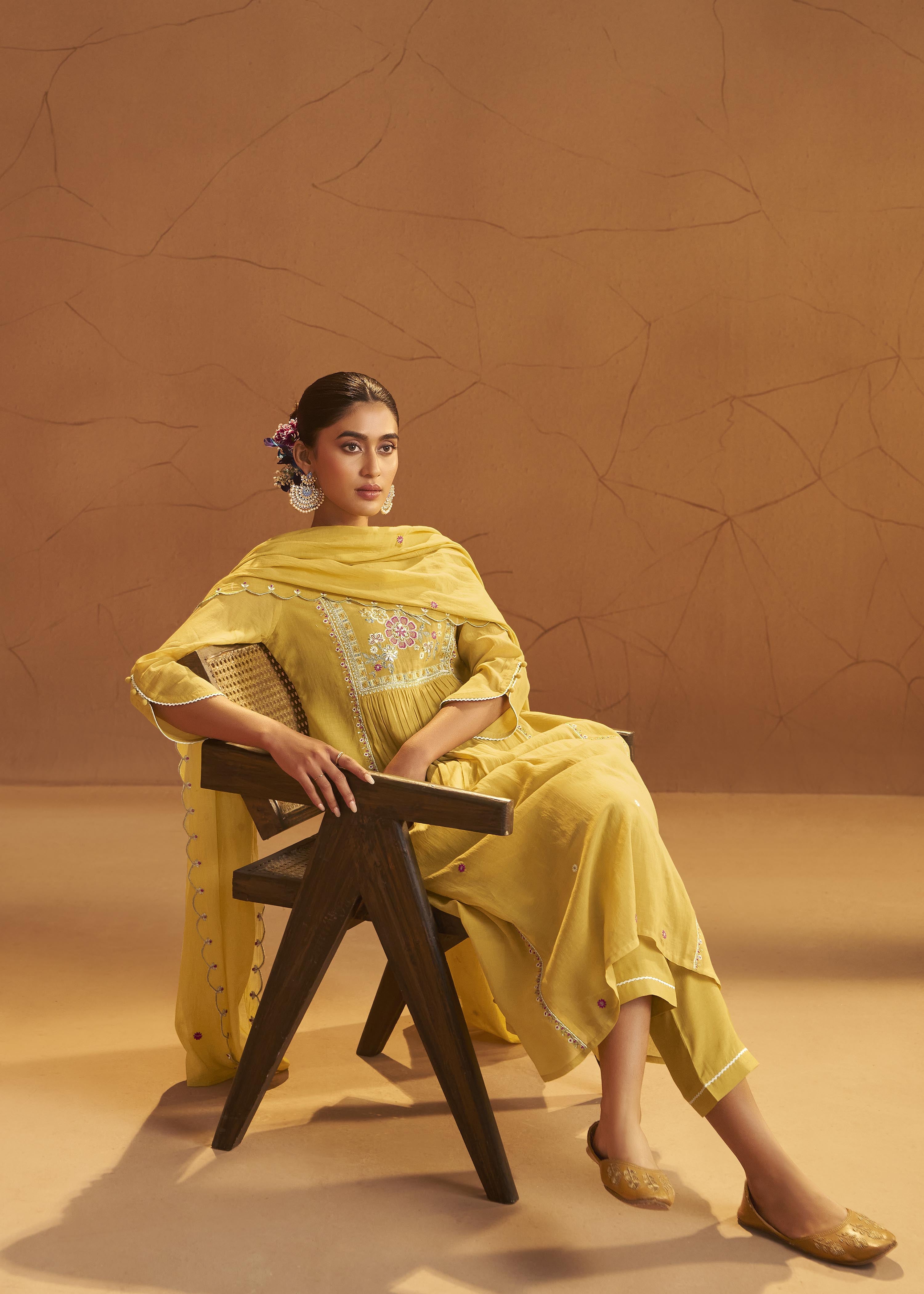 Yellow Mul Chanderi Straight Kurta Set with Embroidery & Handwork