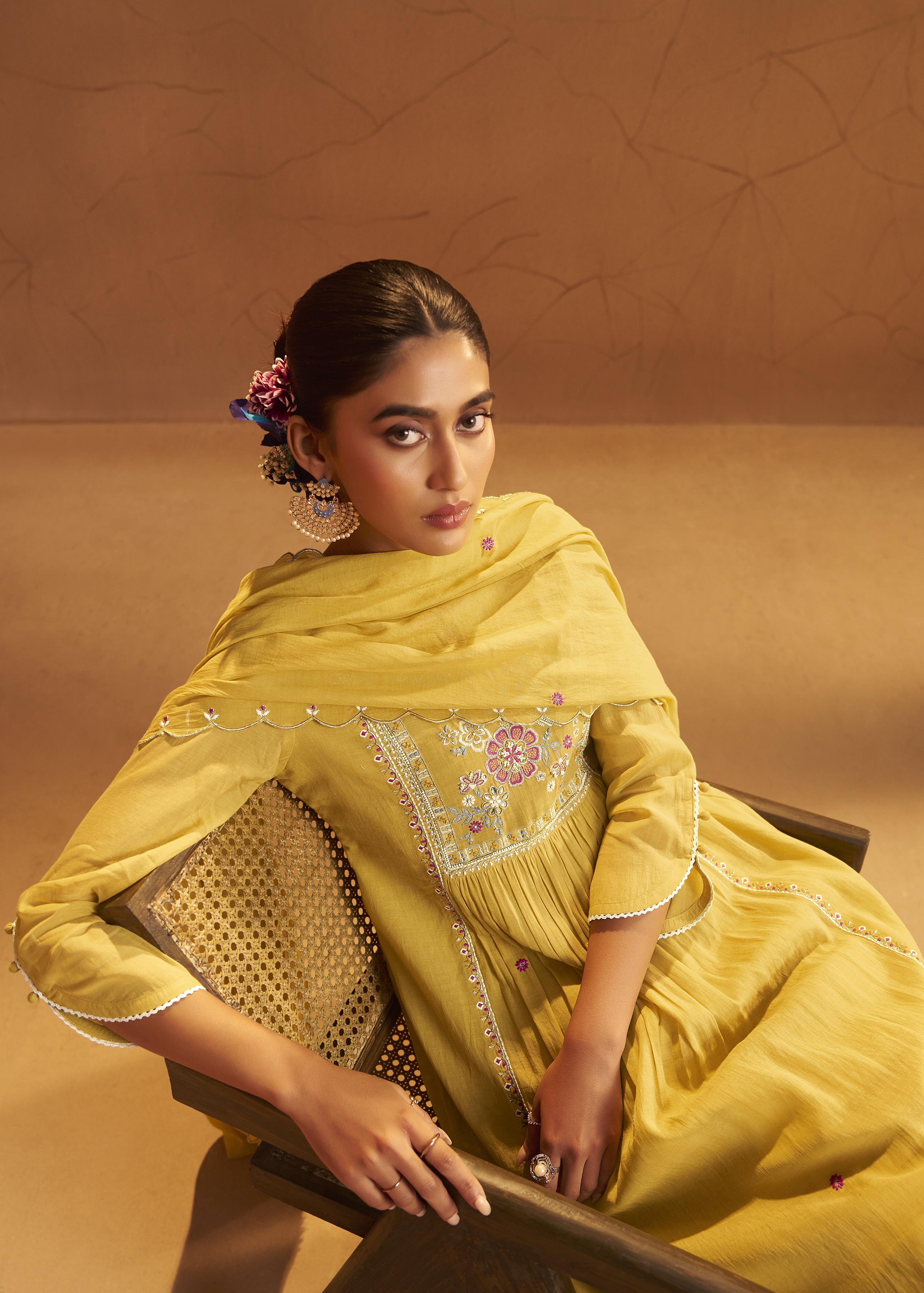 Yellow Mul Chanderi Straight Kurta Set with Embroidery & Handwork
