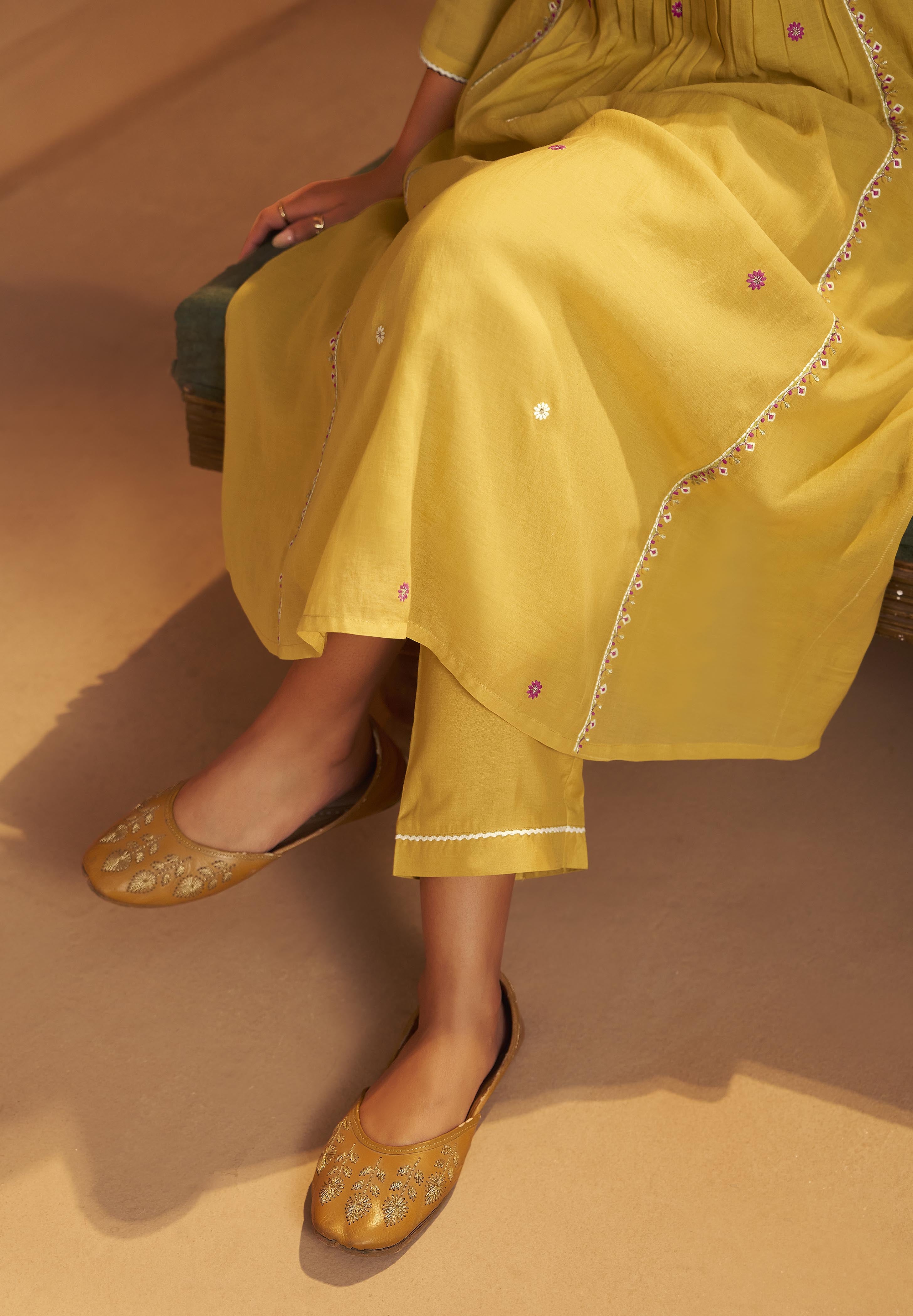Yellow Mul Chanderi Straight Kurta Set with Embroidery & Handwork