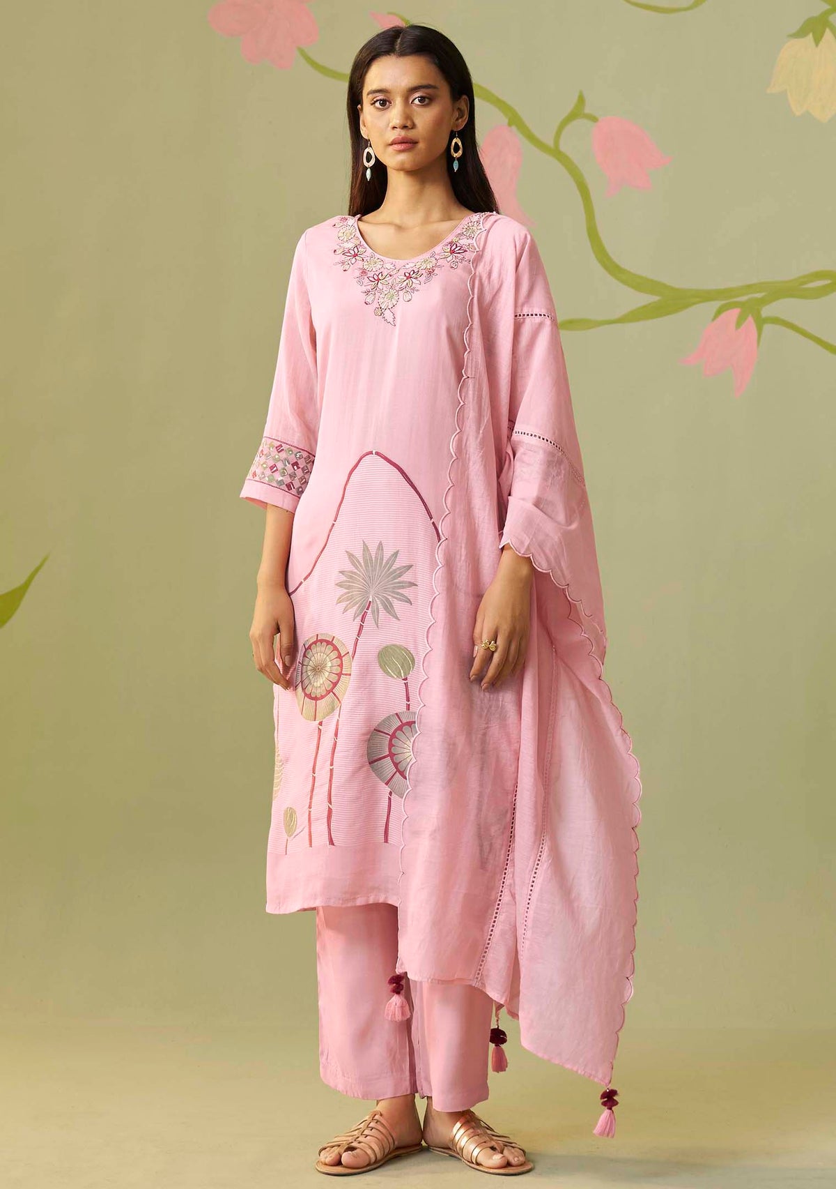Gulbahar Pink Viscose-Linen Floral Jacquard Kurta Set
