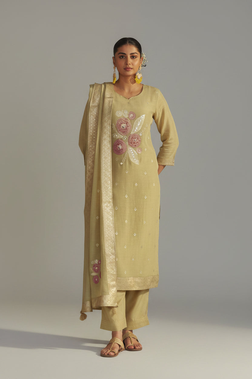 Sand Yellow Viscose Linen Jacquard Fancy Kurta Set