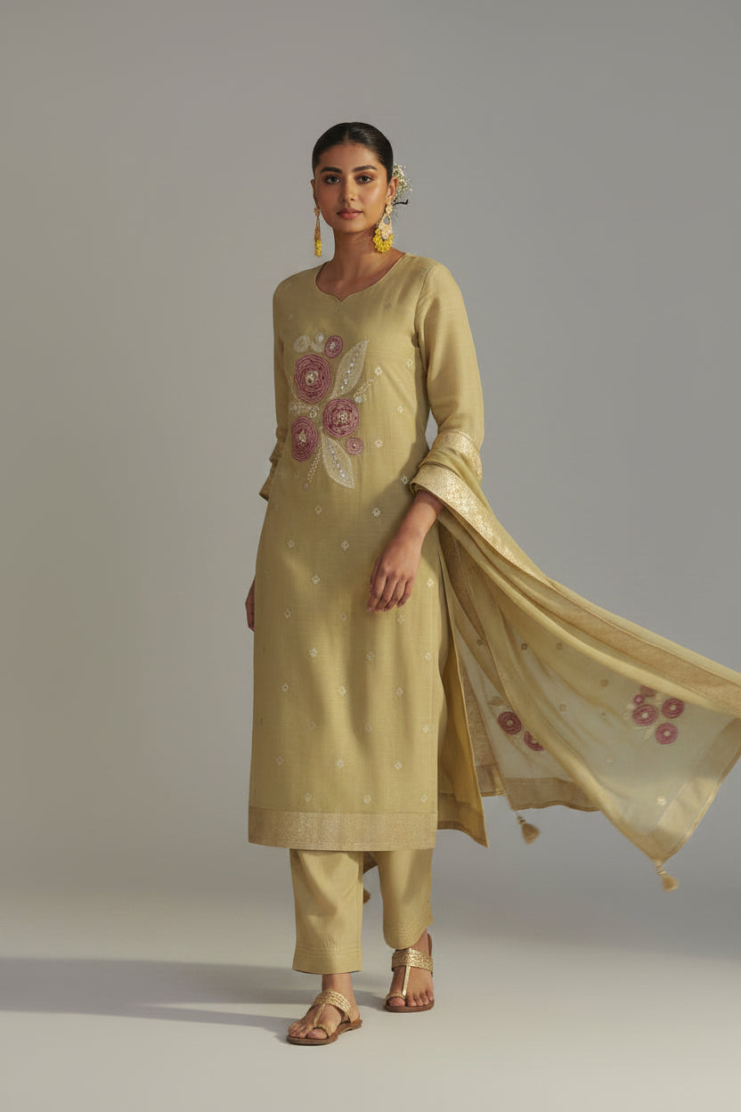 Sand Yellow Viscose Linen Jacquard Fancy Kurta Set