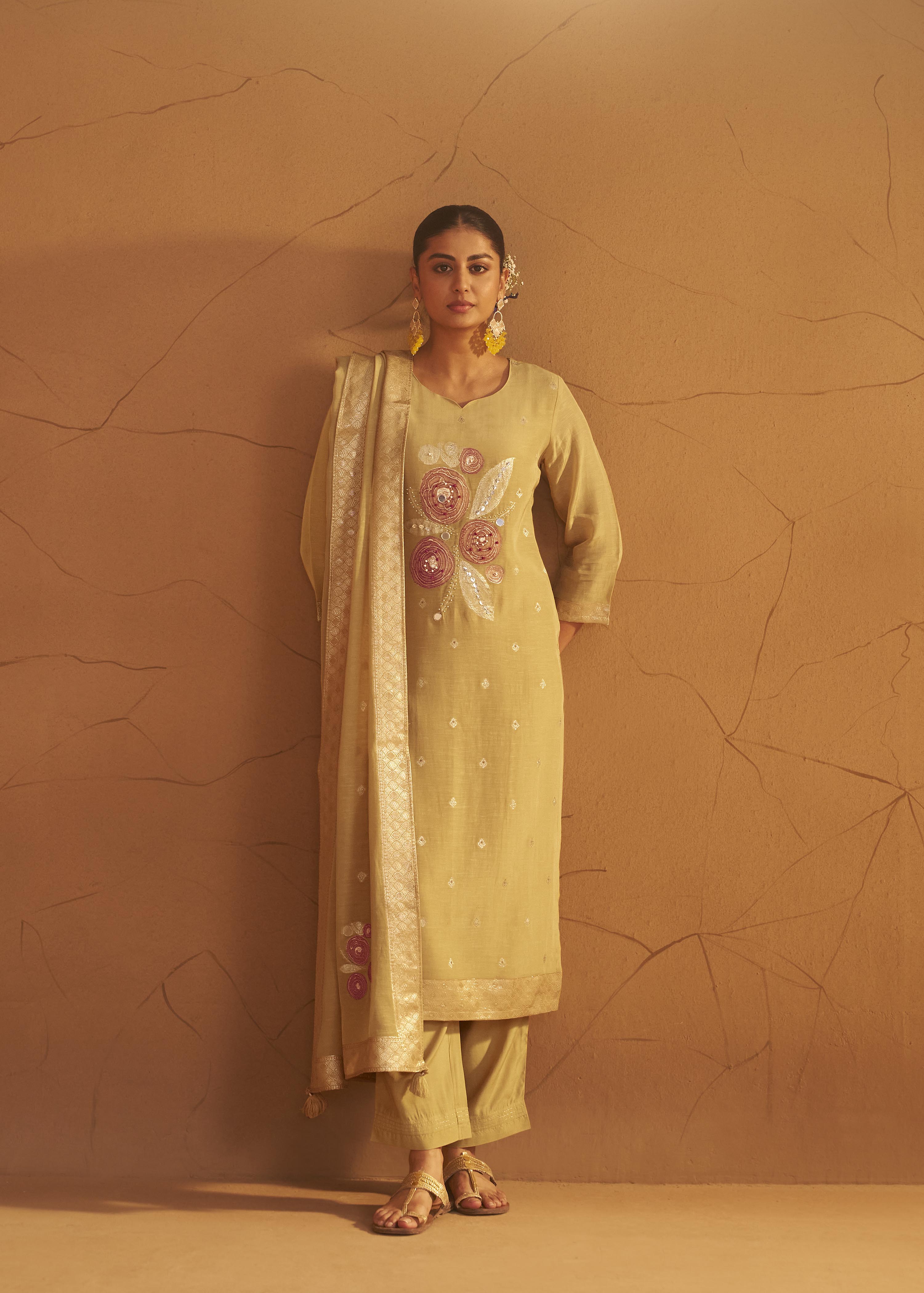 Sand Yellow Viscose Linen Jacquard Fancy Kurta Set