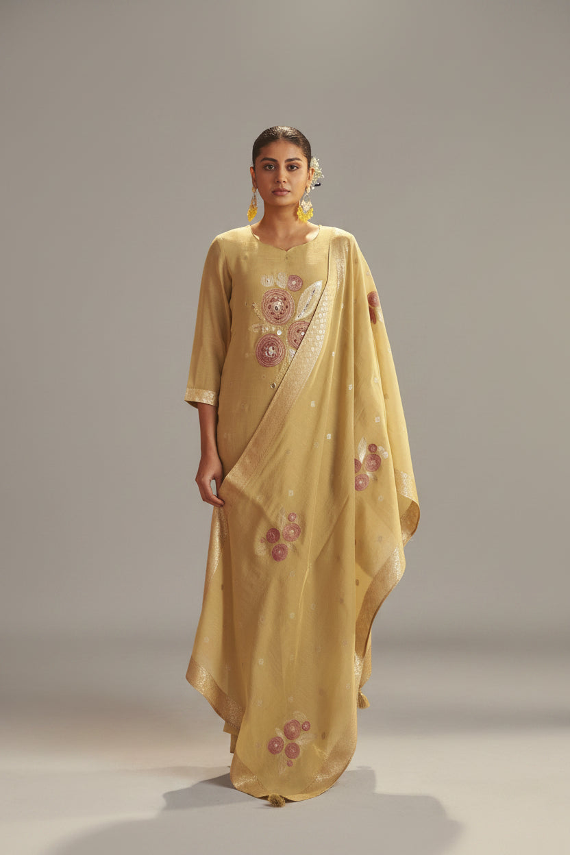 Sand Yellow Viscose Linen Jacquard Fancy Kurta Set