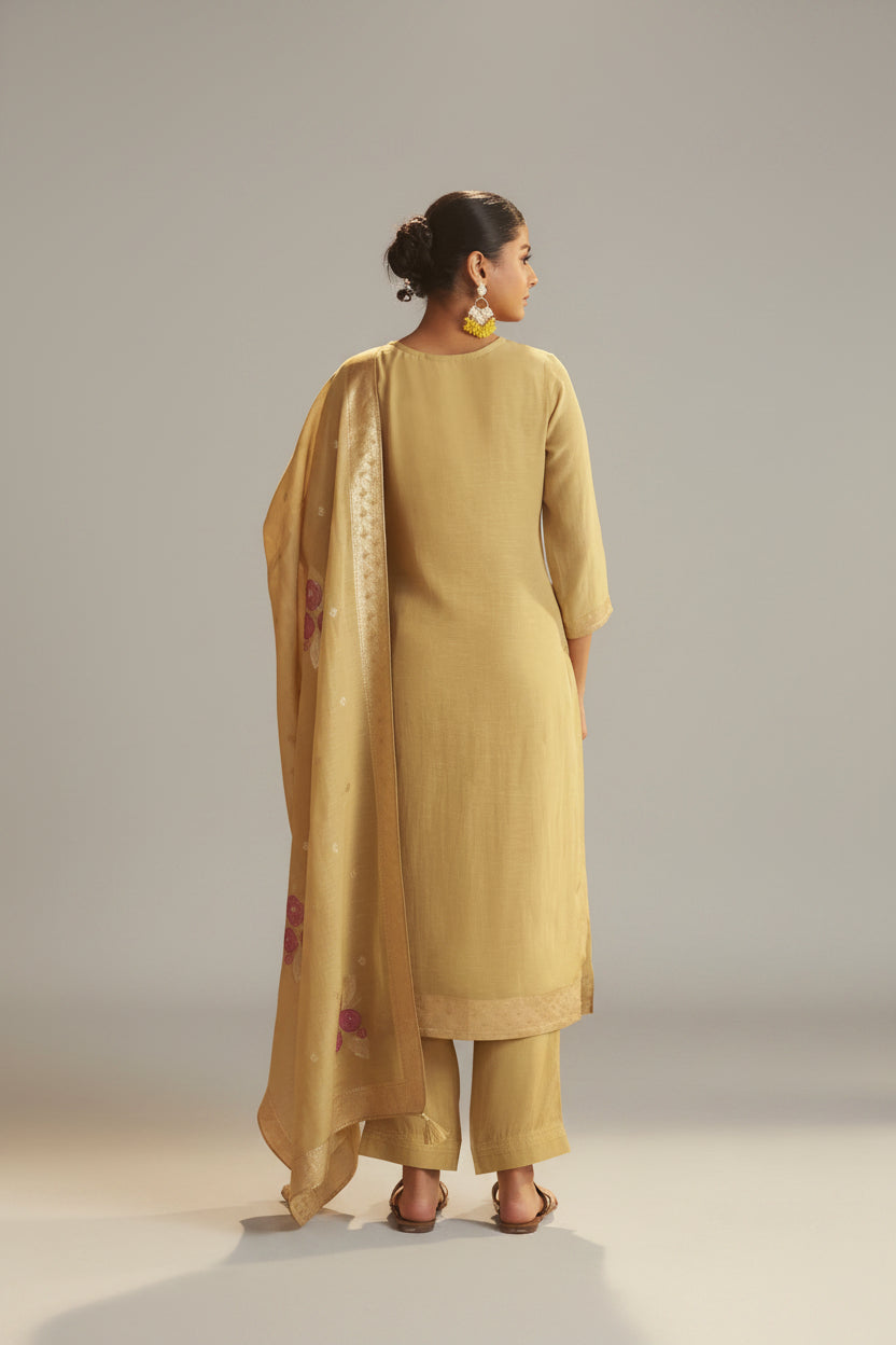 Sand Yellow Viscose Linen Jacquard Fancy Kurta Set
