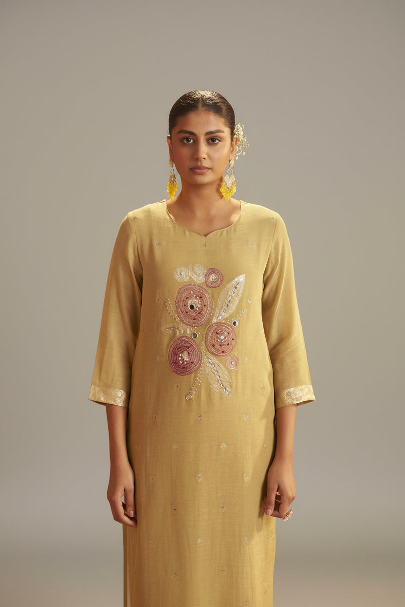 Sand Yellow Viscose Linen Jacquard Fancy Kurta Set