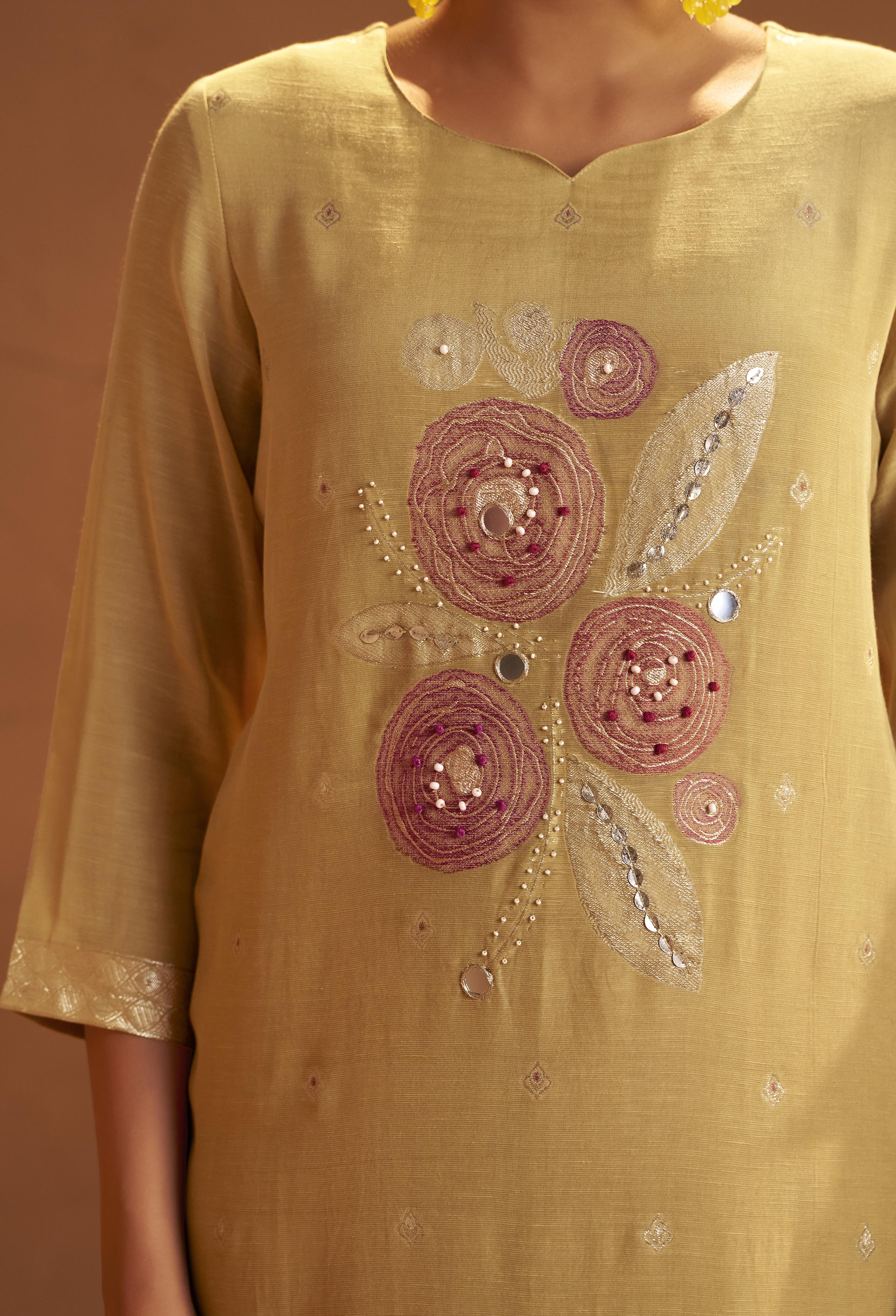 Sand Yellow Viscose Linen Jacquard Fancy Kurta Set